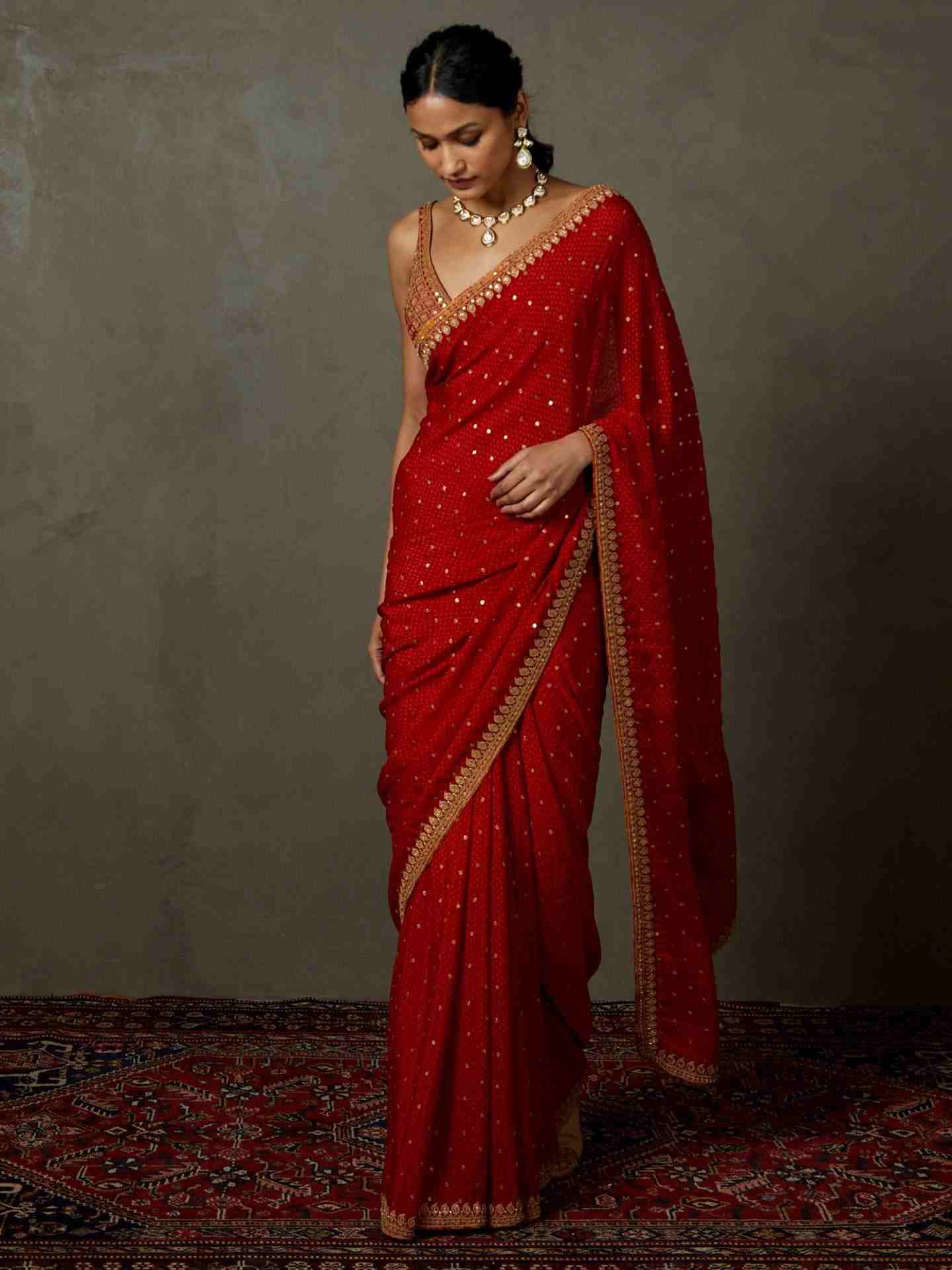 Red Sohini Saree With Stitched Blouse