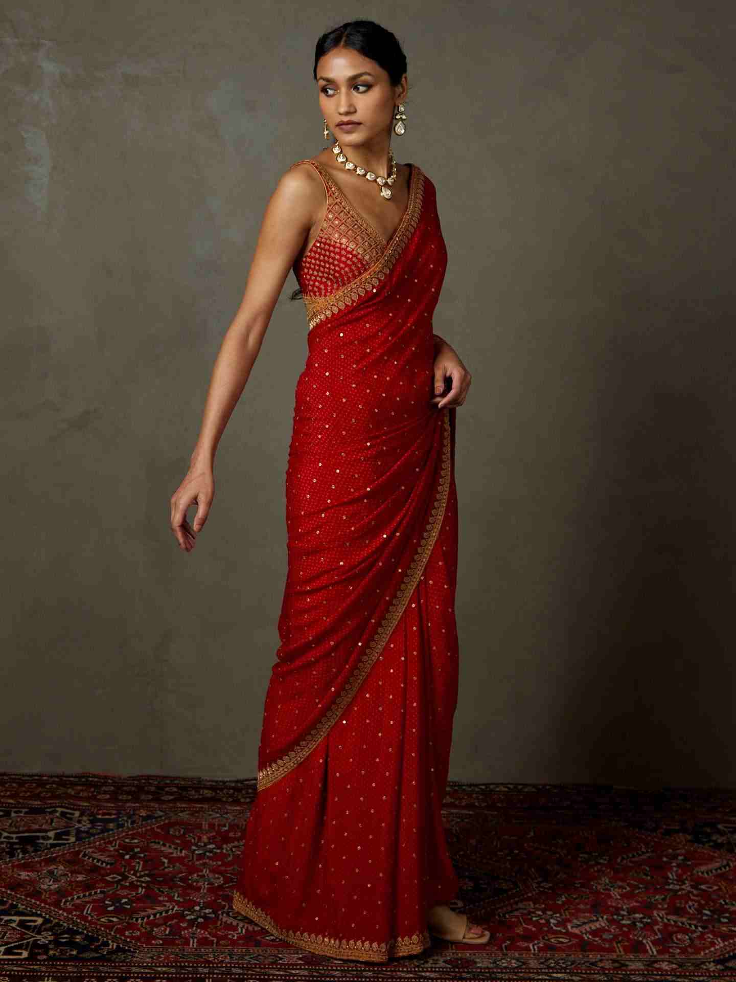 Red Sohini Saree With Stitched Blouse