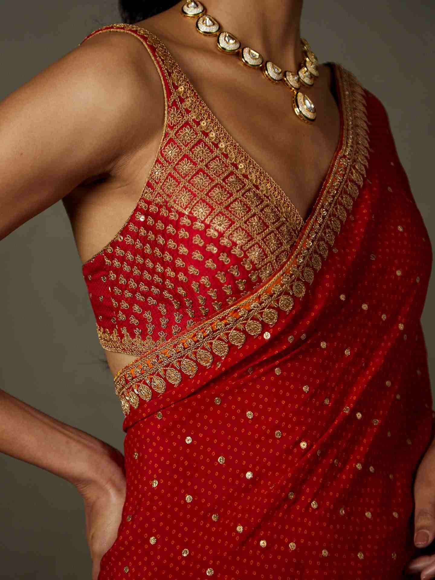 Red Sohini Saree With Stitched Blouse