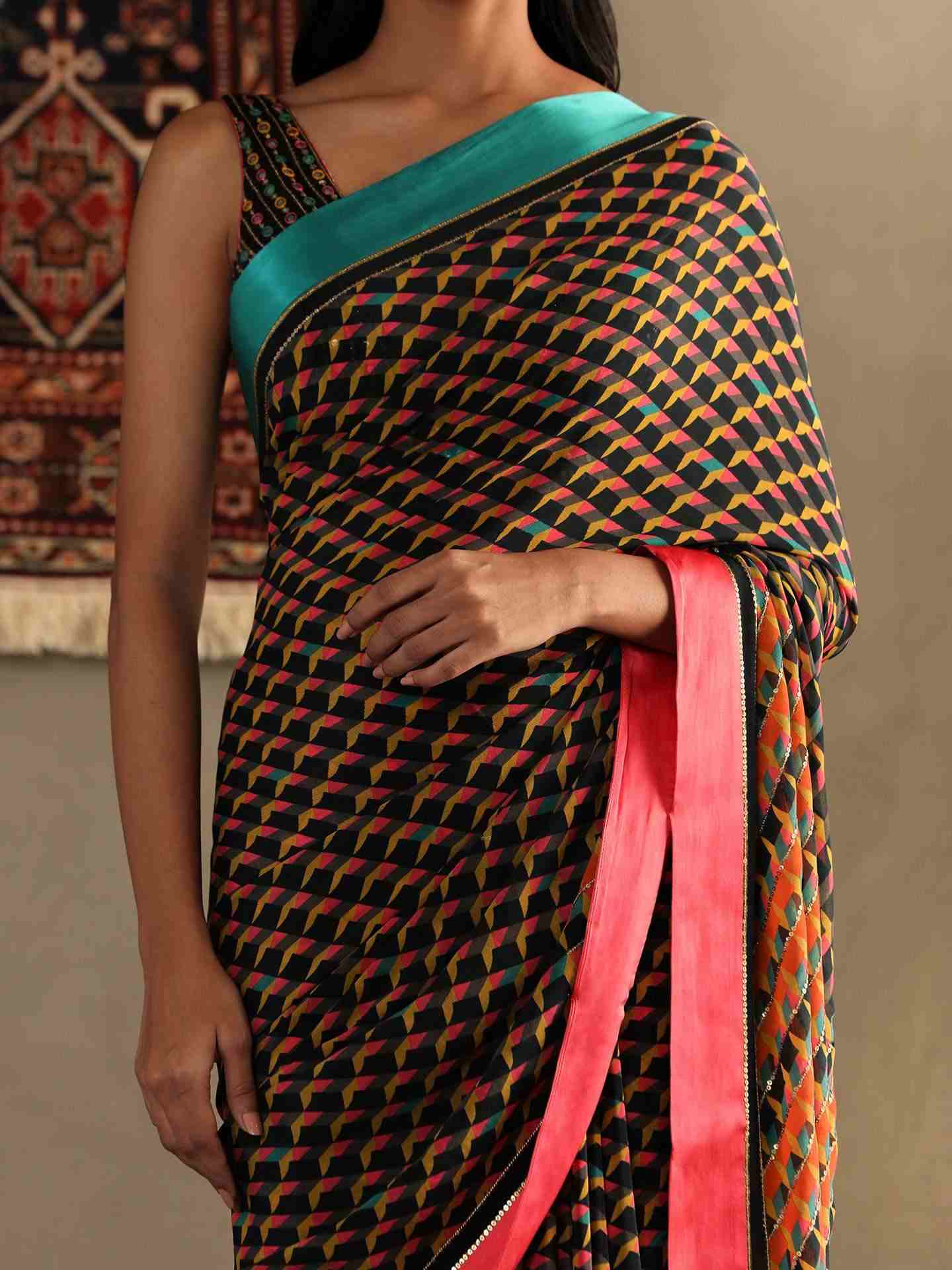Black Kaleidoscope Saree With Stitched Blouse