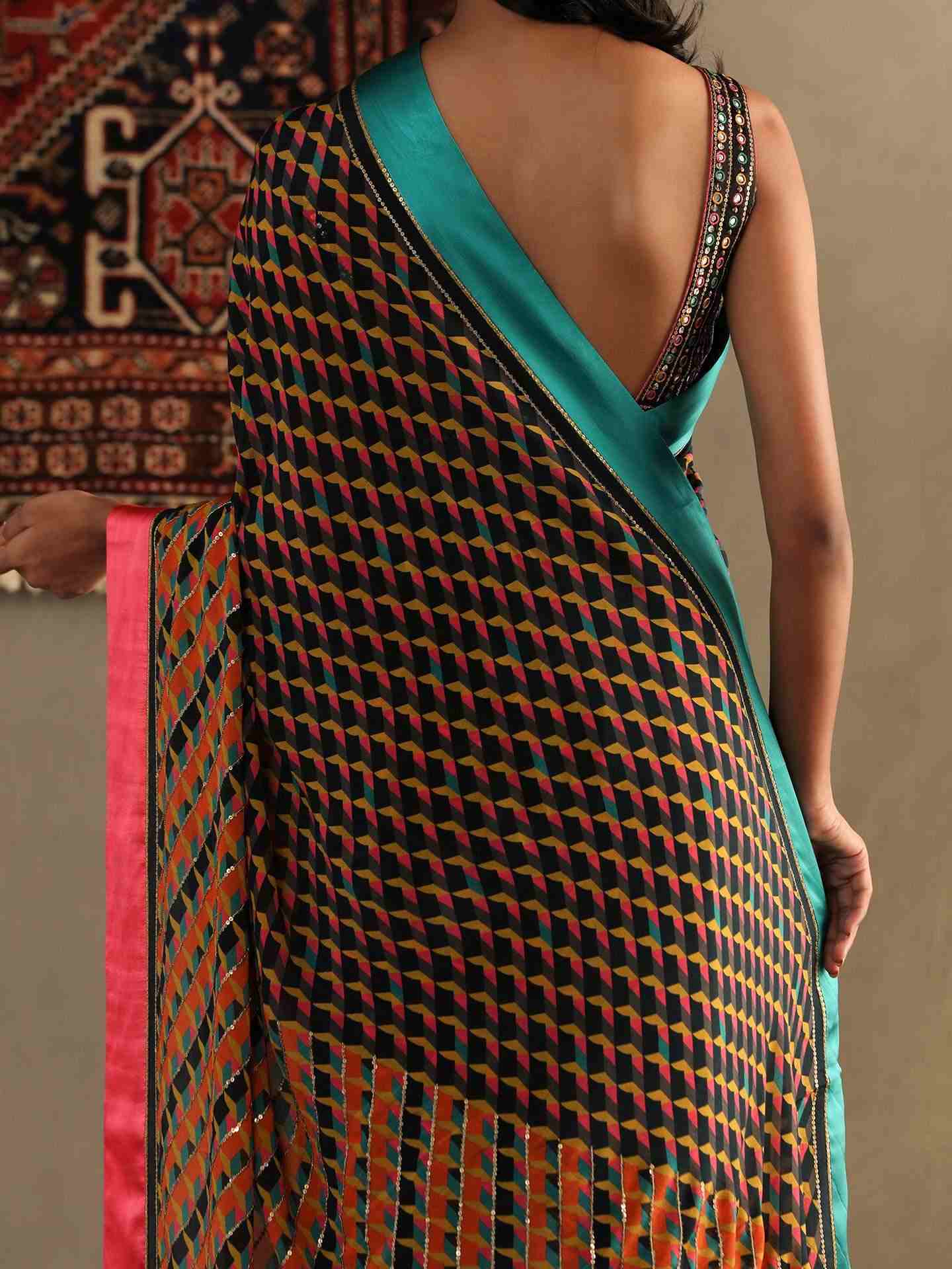Black Kaleidoscope Saree With Stitched Blouse