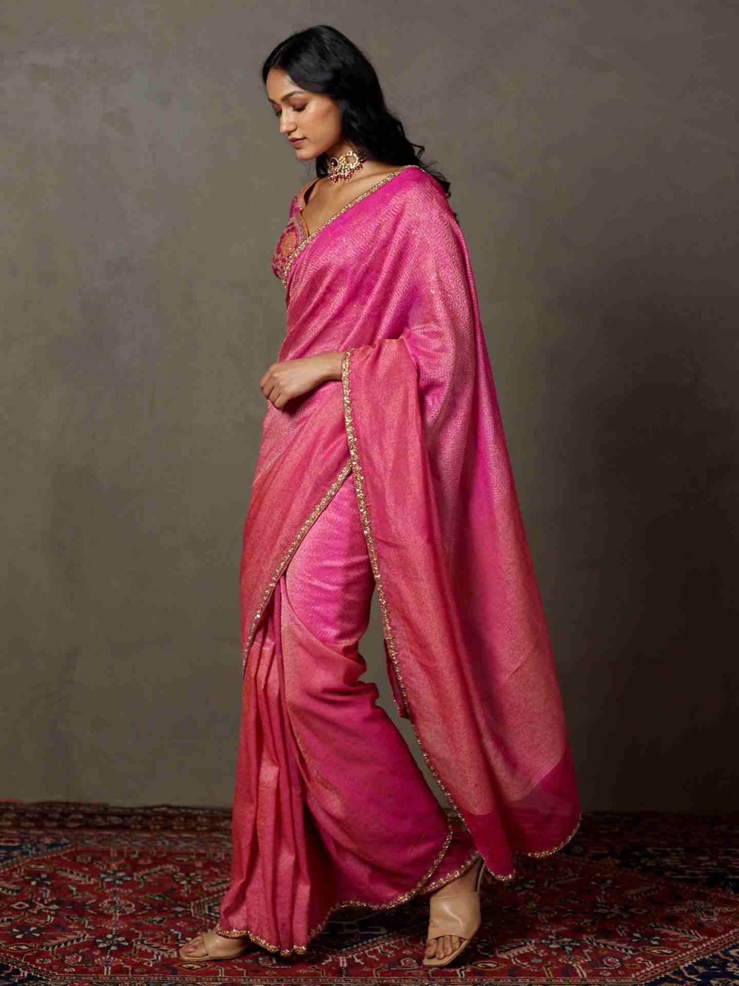 Fuschia Varuna Saree With Stitched Blouse