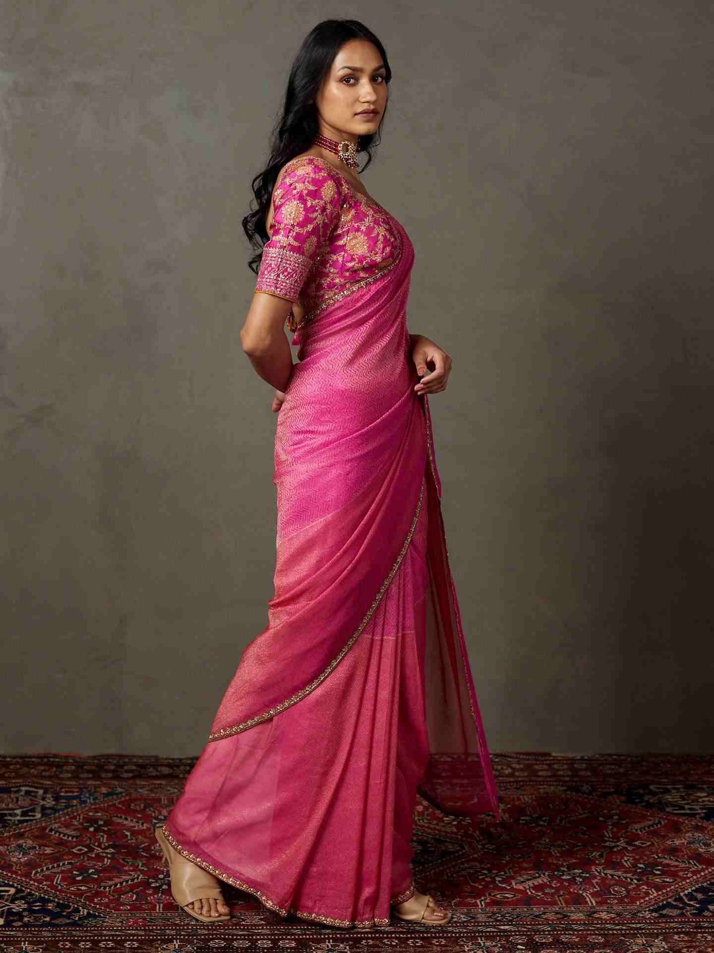 Fuschia Varuna Saree With Stitched Blouse