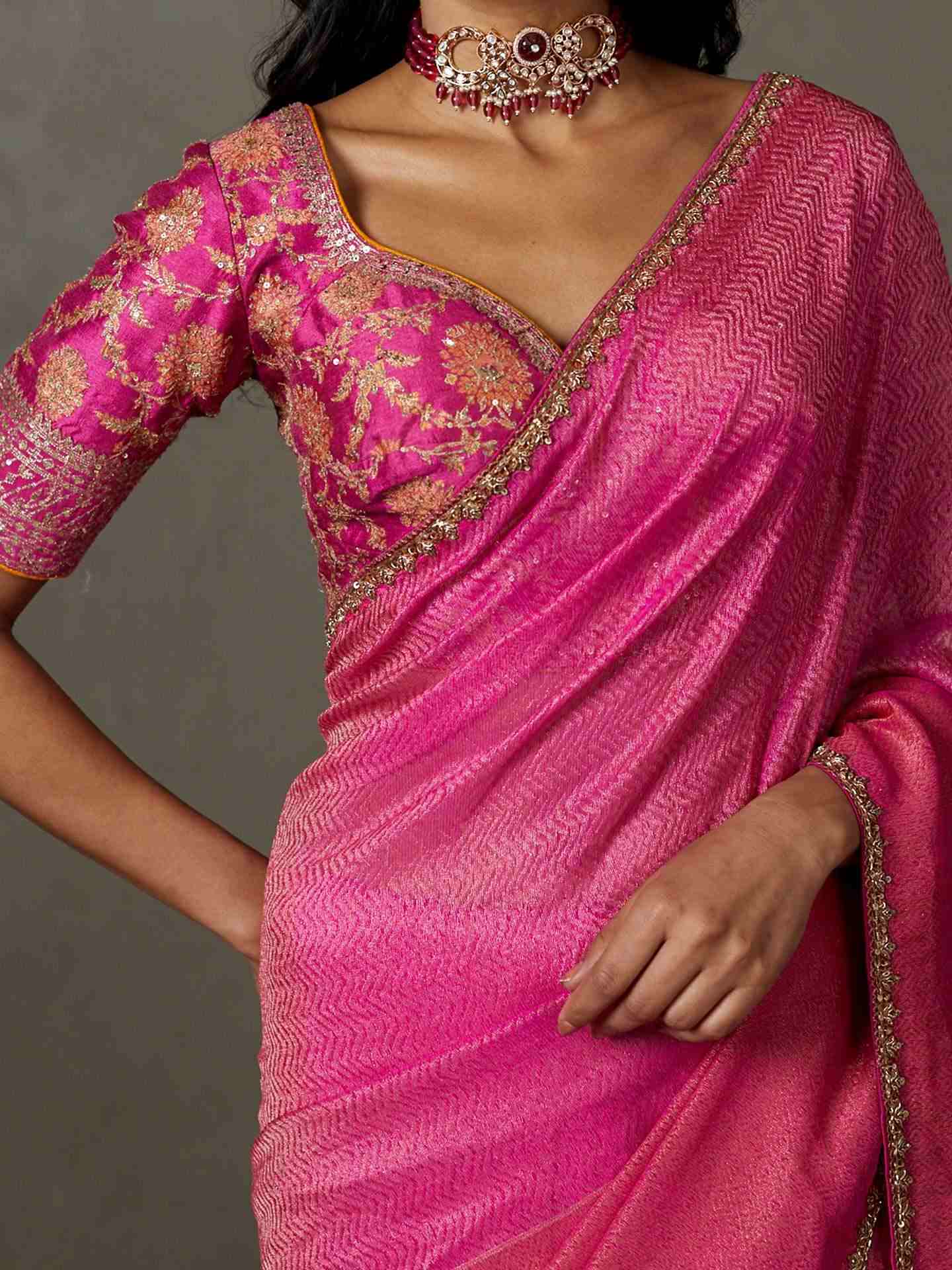 Fuschia Varuna Saree With Stitched Blouse