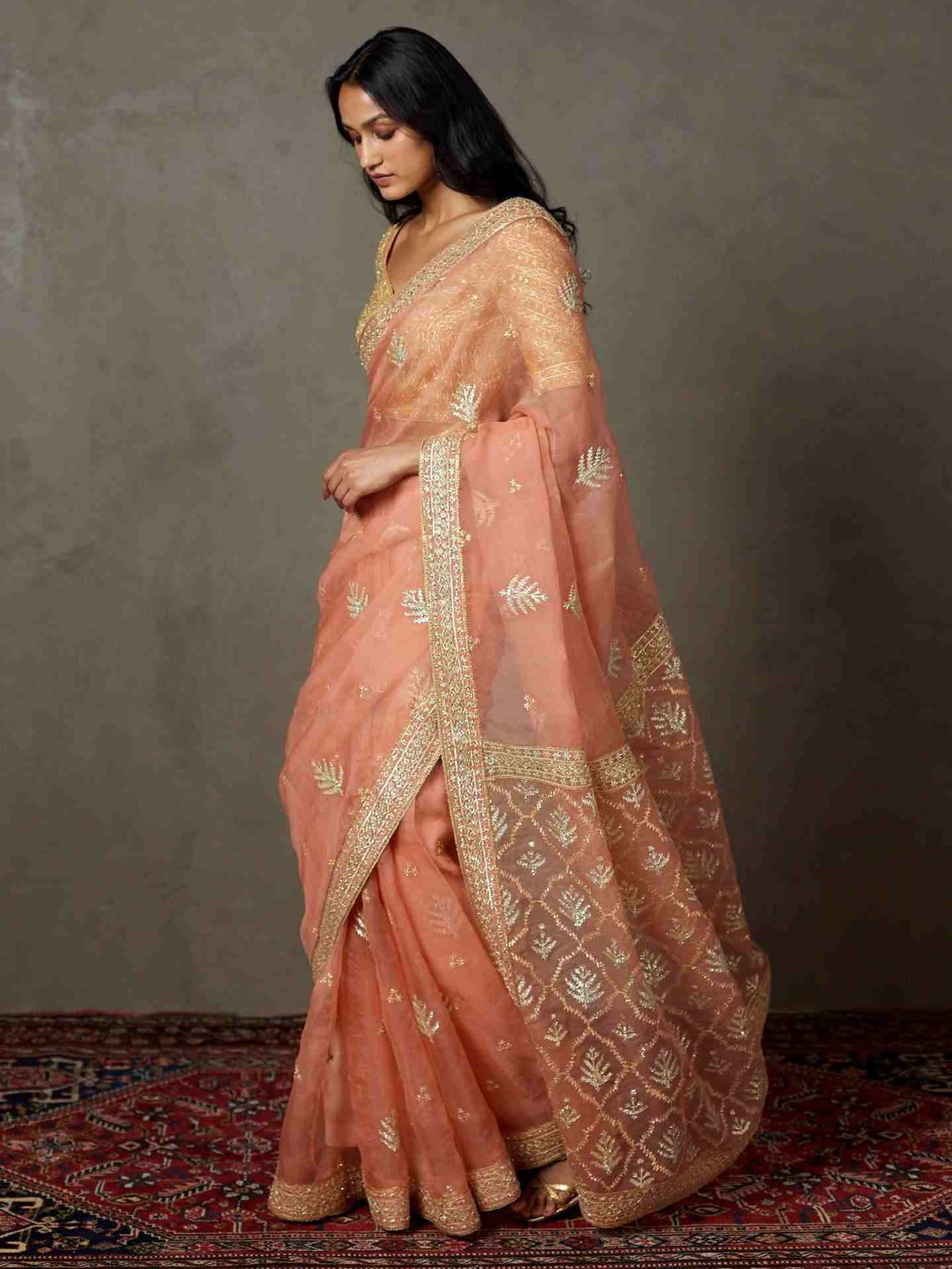 Coral Sterling Saree With Stitched Blouse