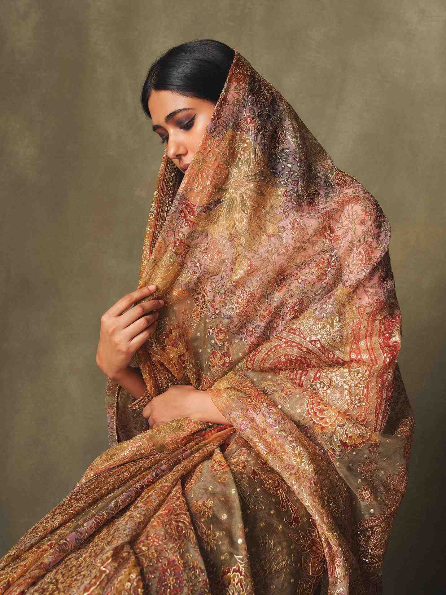 Peach & Multi Pitch Patch Saree with Corset Blouse