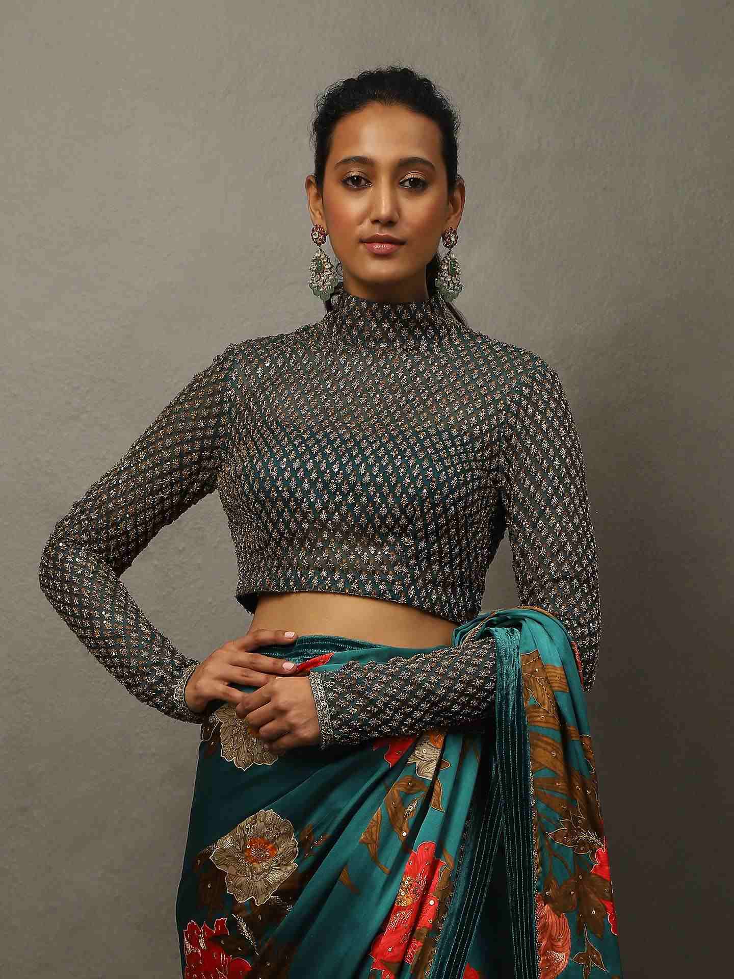 Teal Bella Floral Saree With Stitched Blouse