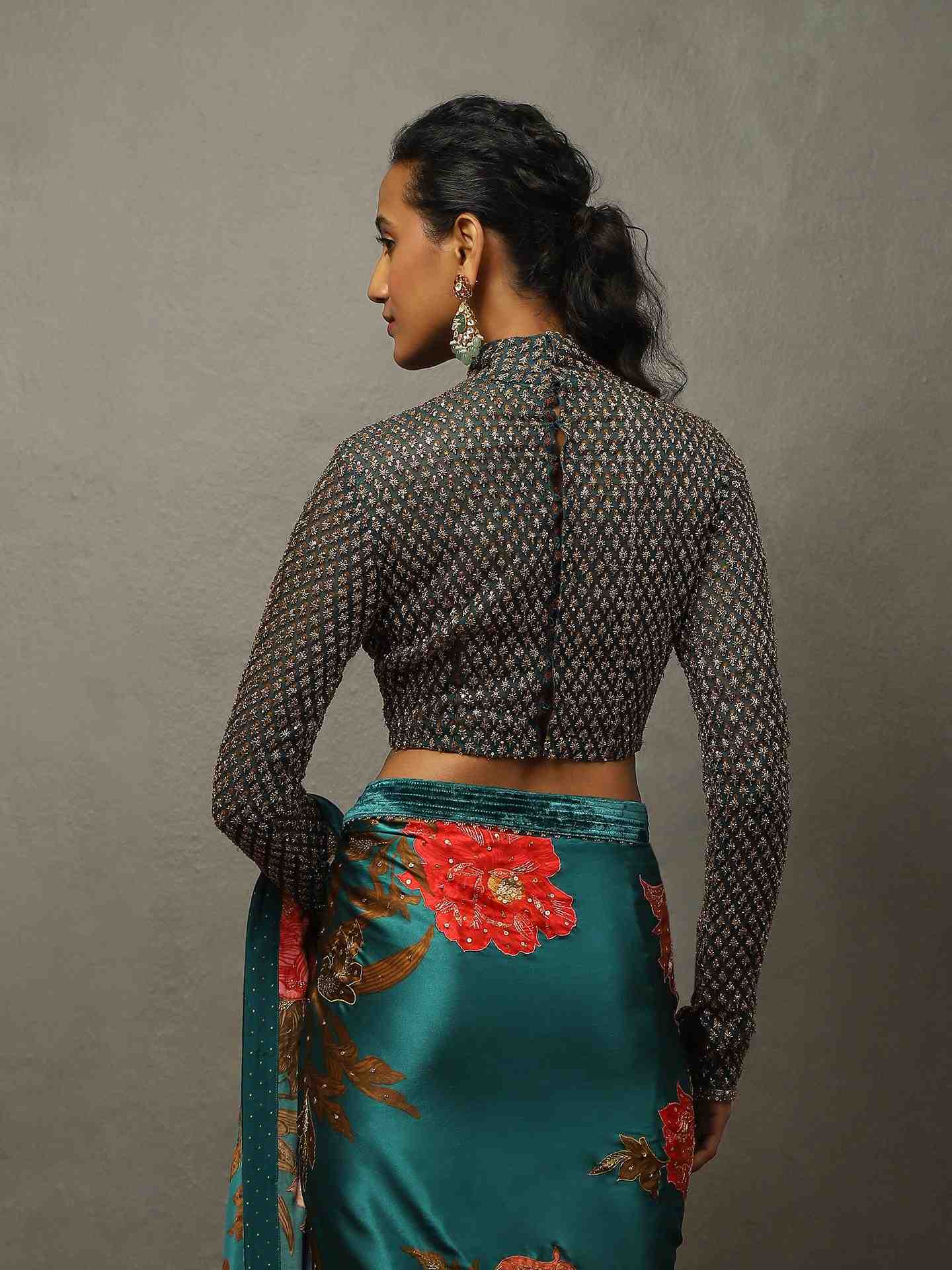Teal Bella Floral Saree With Stitched Blouse