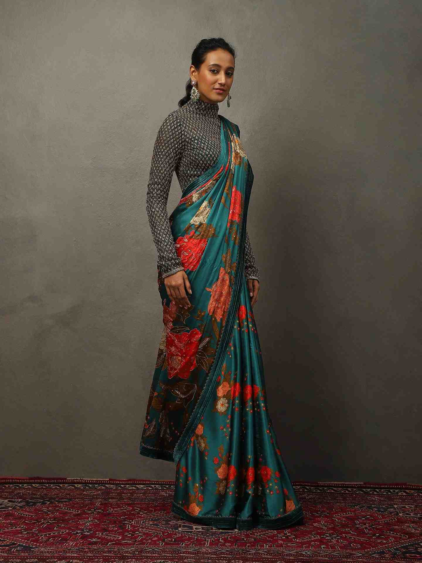Teal Bella Floral Saree With Stitched Blouse