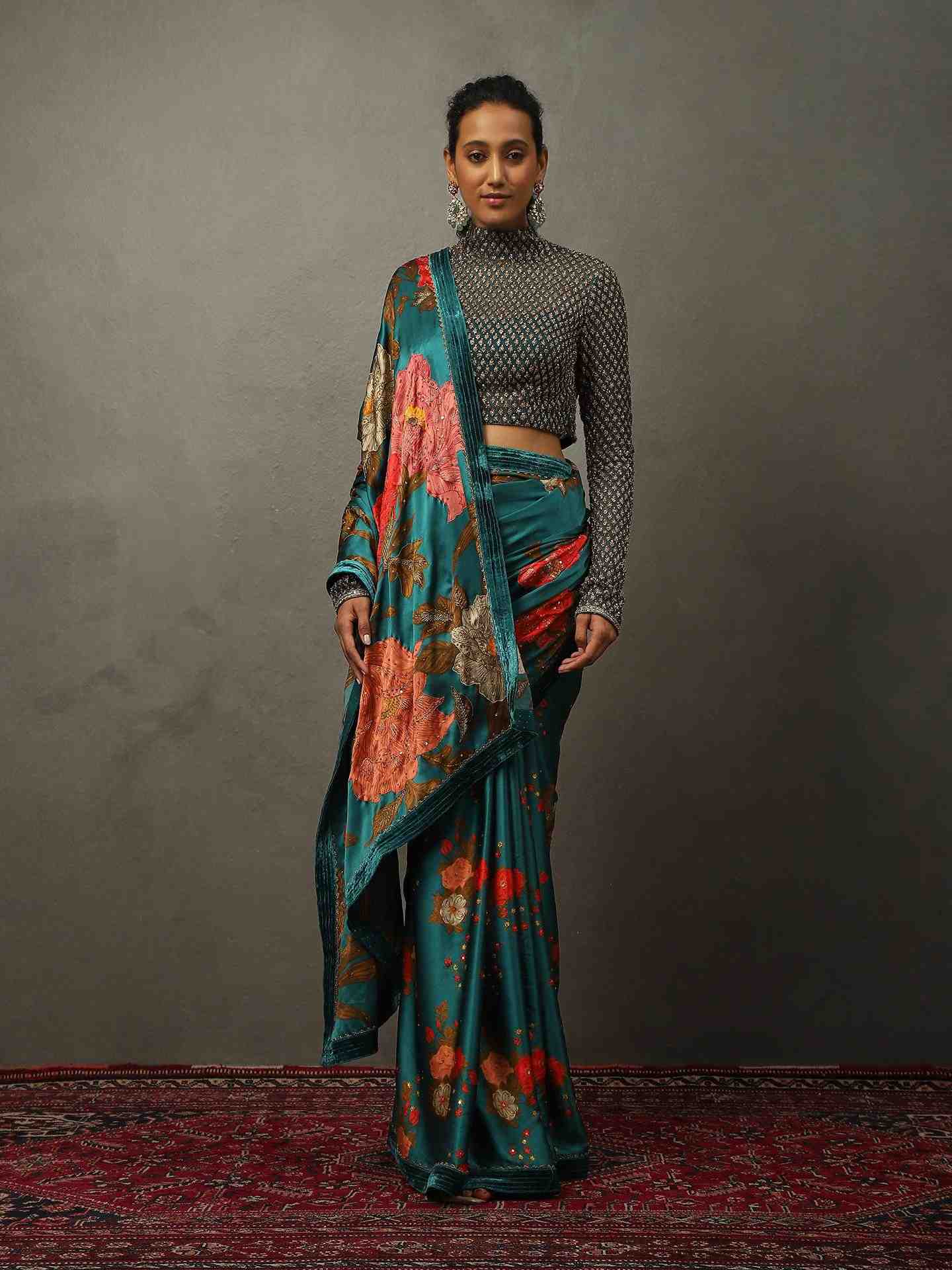 Teal Bella Floral Saree With Stitched Blouse