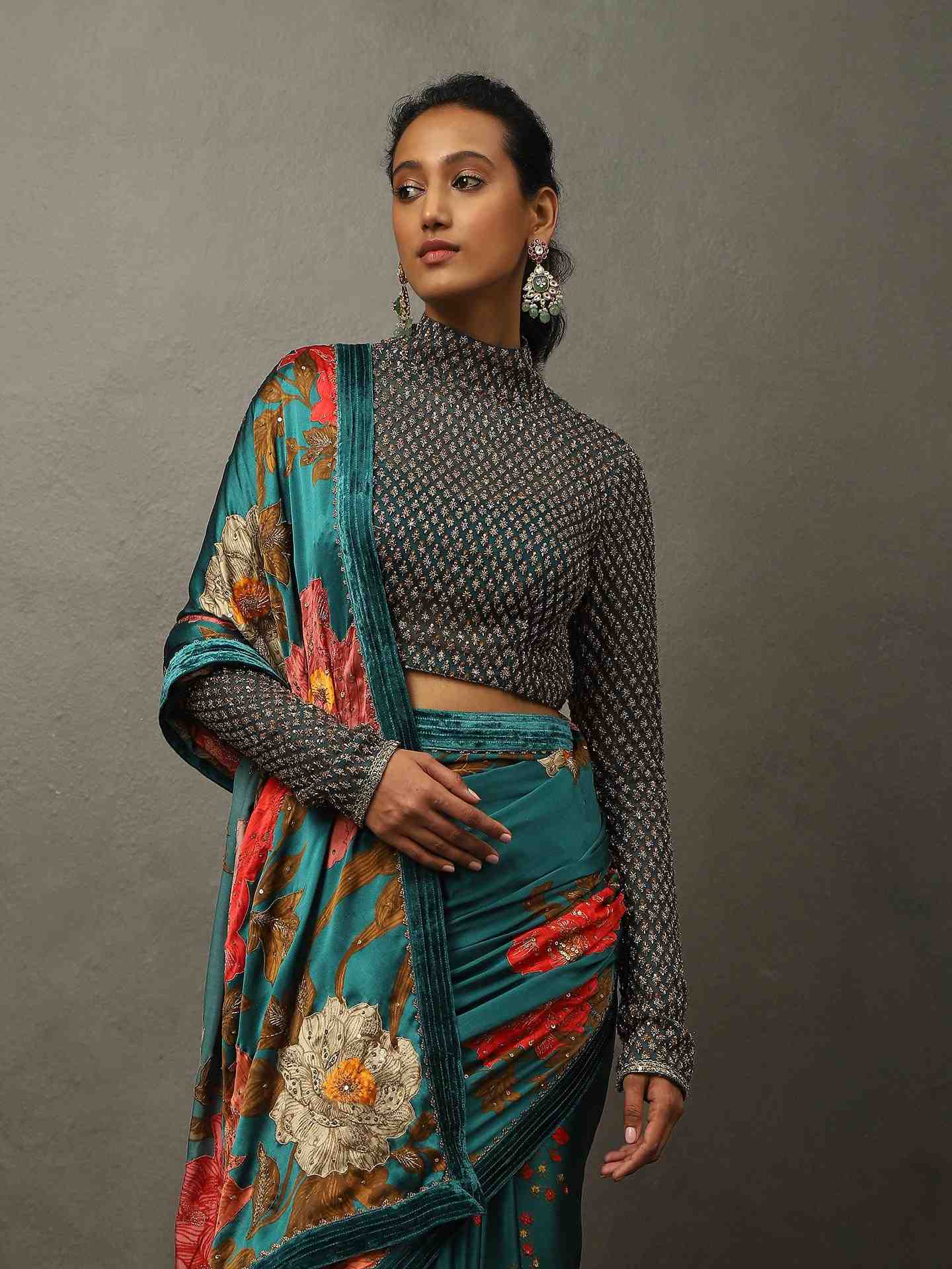 Teal Bella Floral Saree With Stitched Blouse
