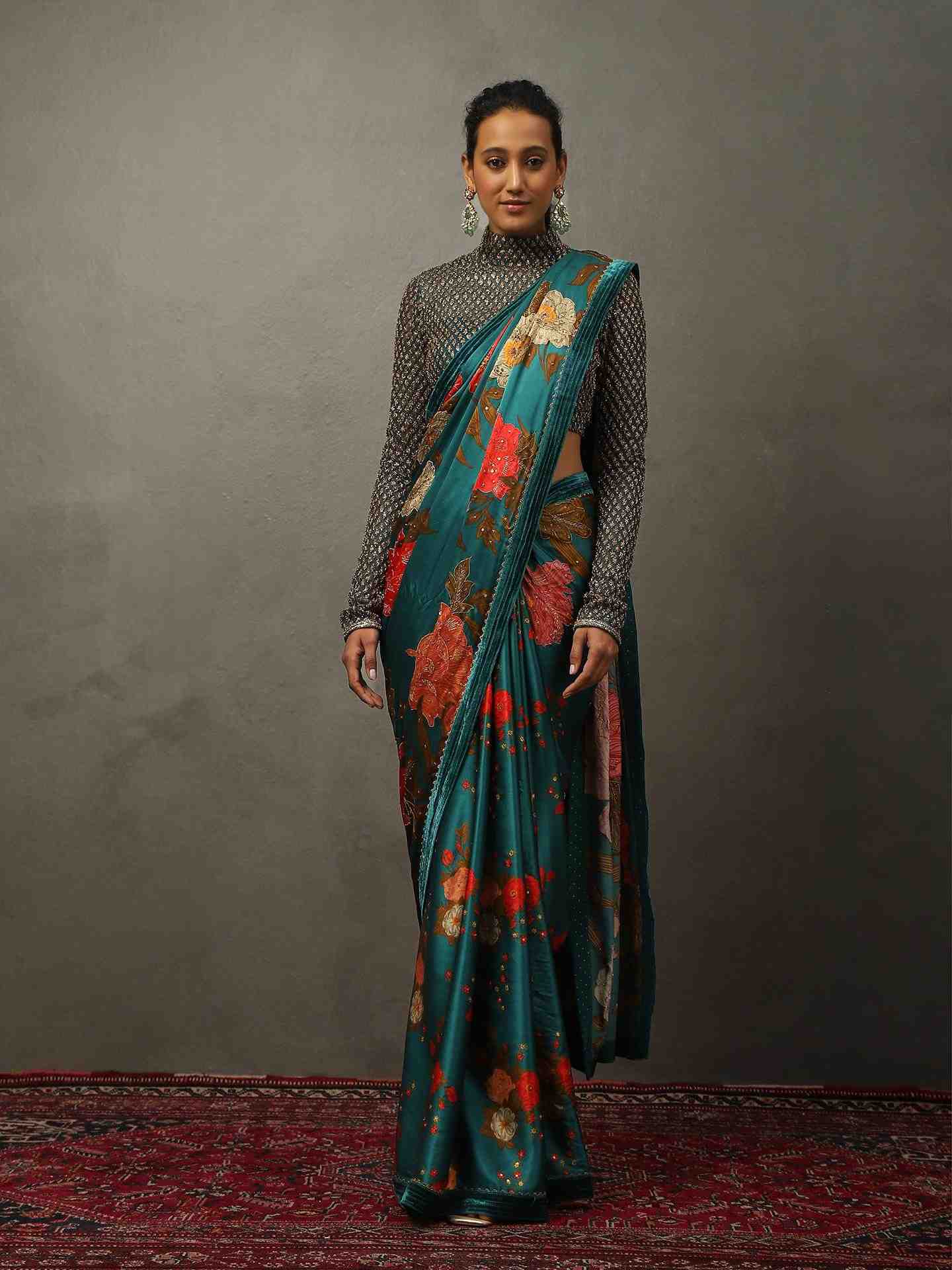 Teal Bella Floral Saree With Stitched Blouse