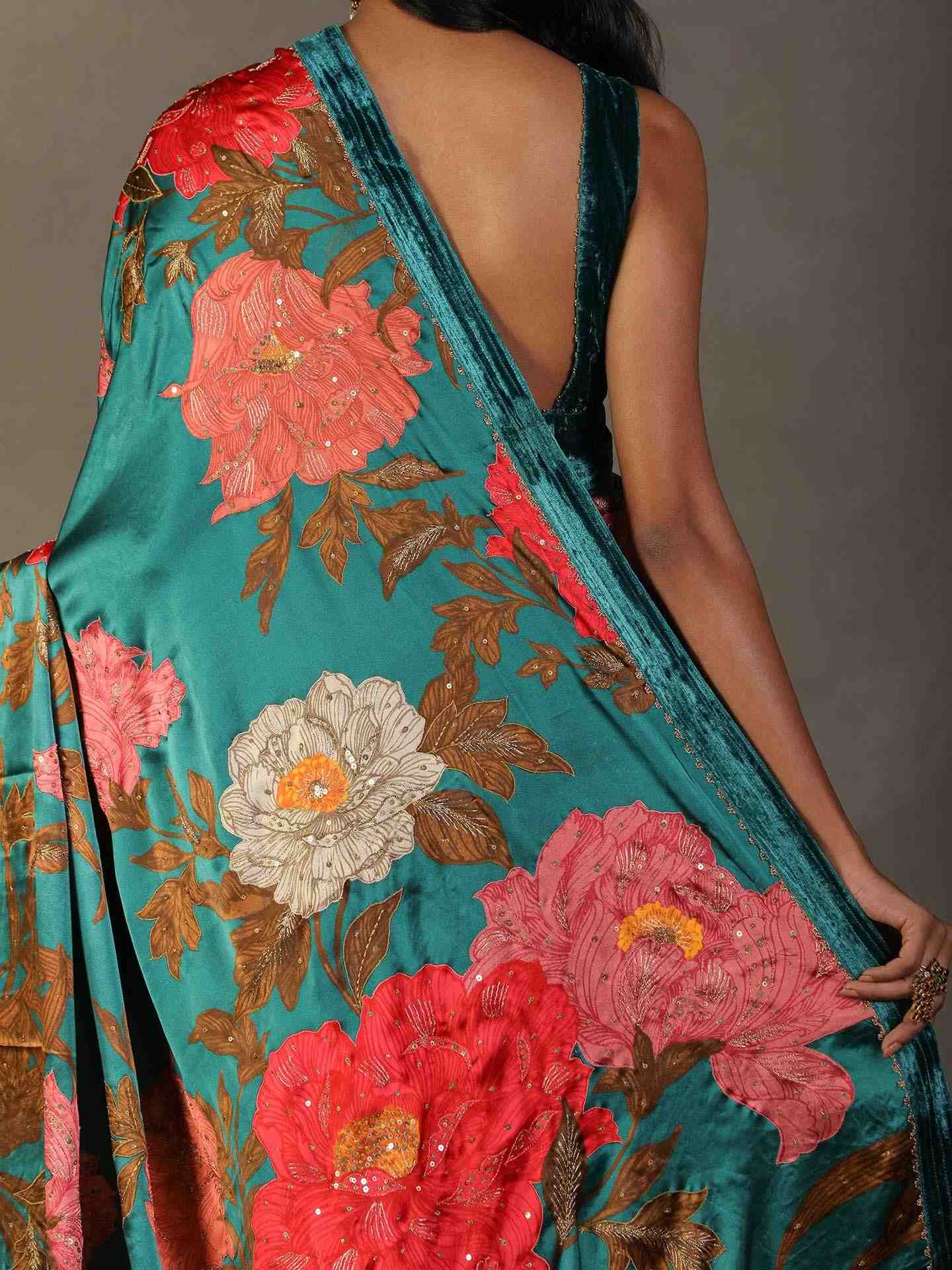 Dark Teal Bella Floral Saree With Stitched Blouse