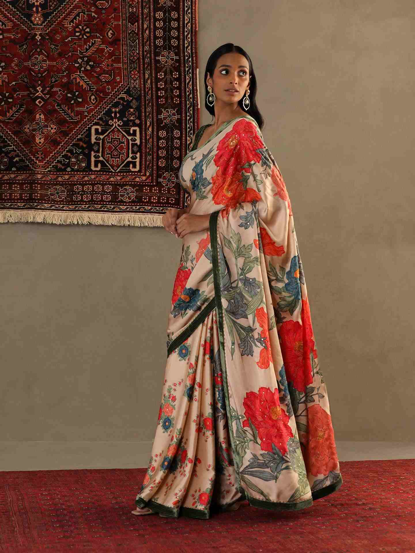 Pastel Tan Bella Floral Saree With Stitched Blouse