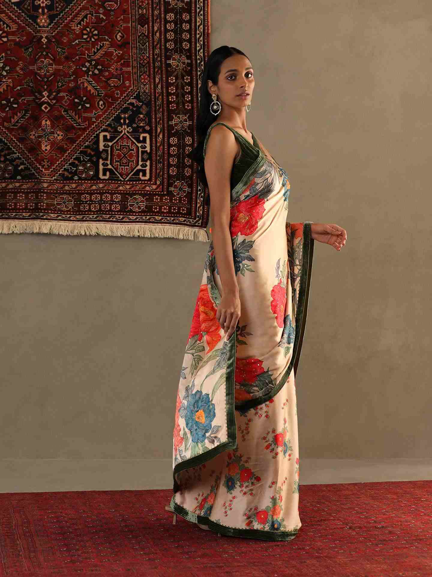 Pastel Tan Bella Floral Saree With Stitched Blouse