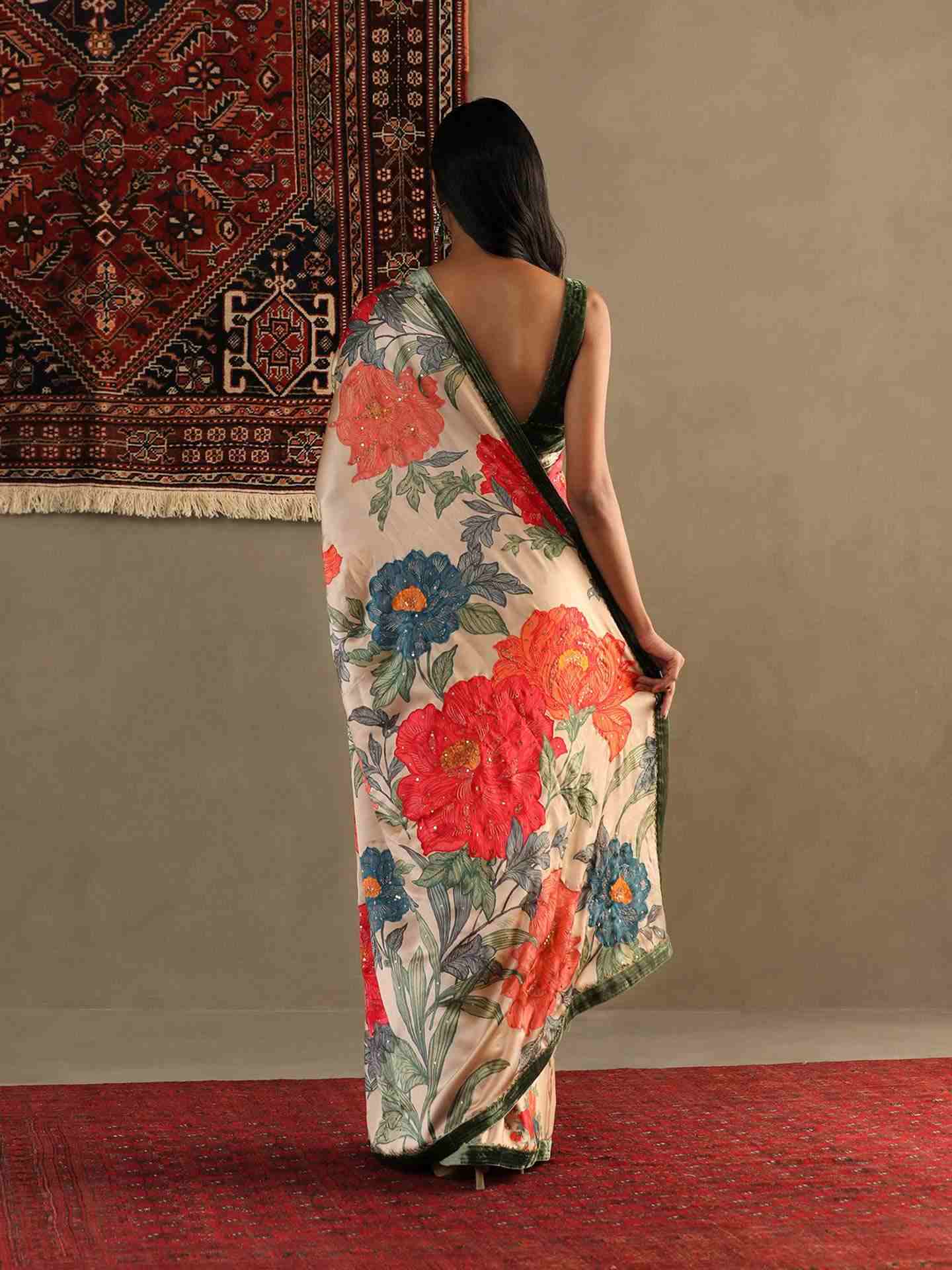 Pastel Tan Bella Floral Saree With Stitched Blouse