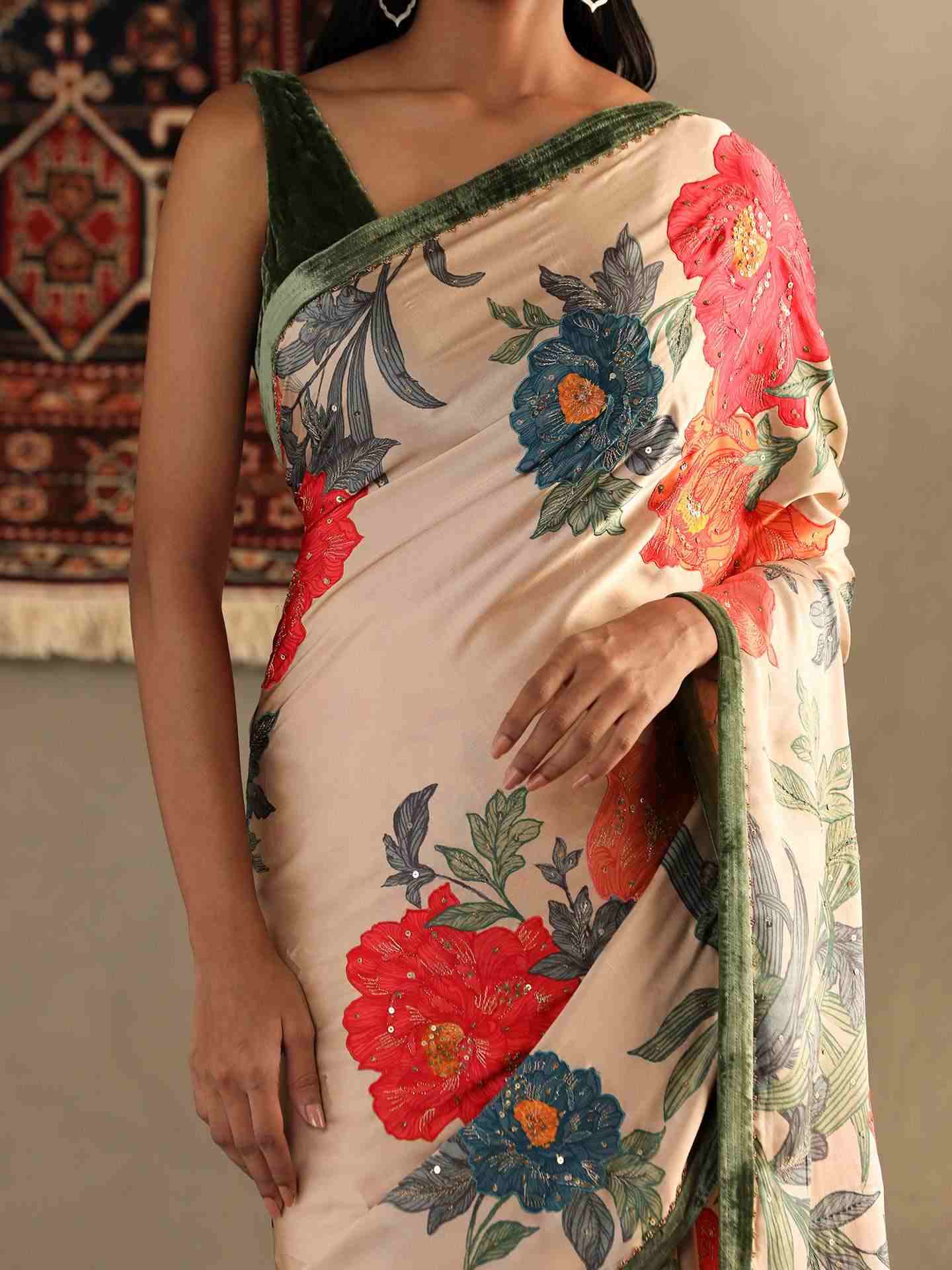 Pastel Tan Bella Floral Saree With Stitched Blouse