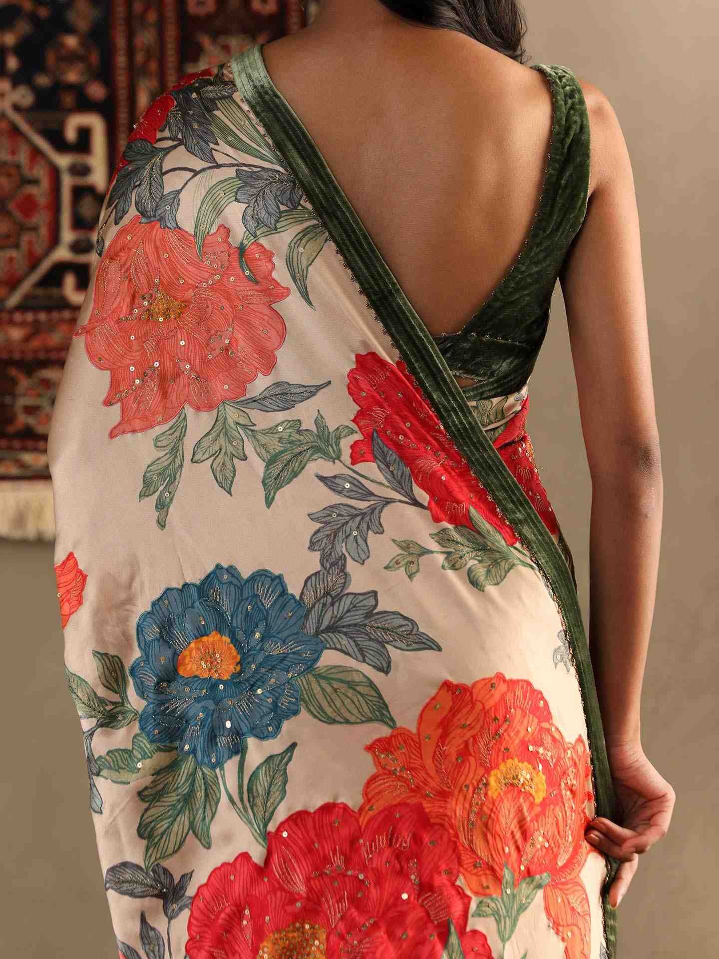 Pastel Tan Bella Floral Saree With Stitched Blouse