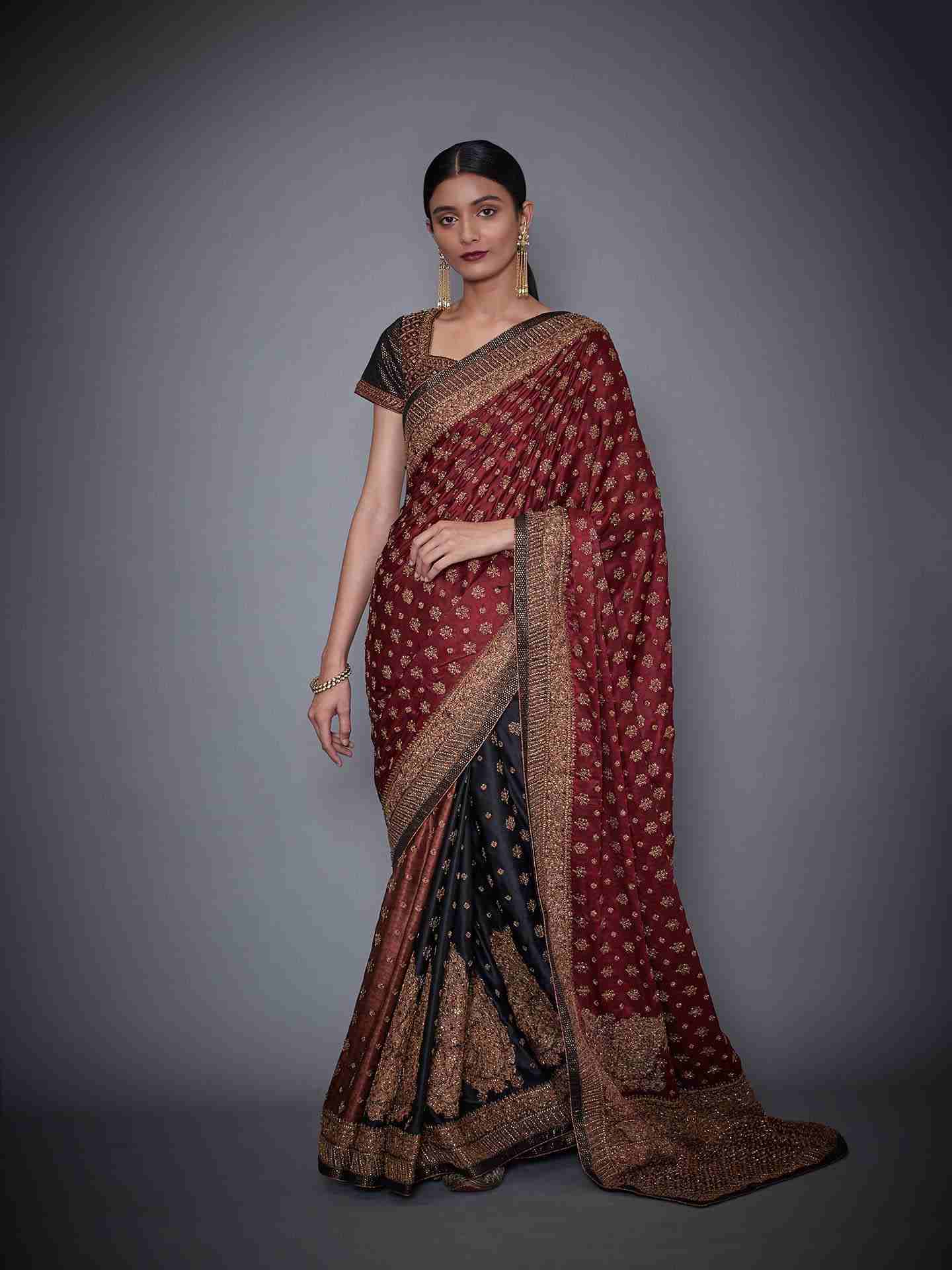 Burg & Black Parampara Saree With Stitched Blouse