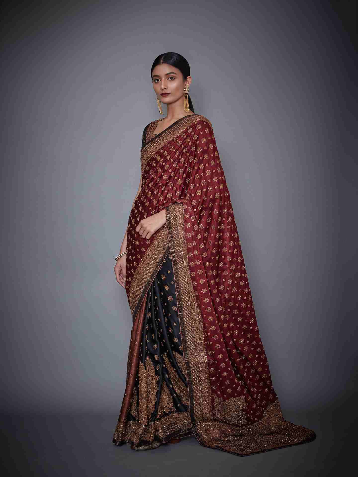 Burg & Black Parampara Saree With Stitched Blouse