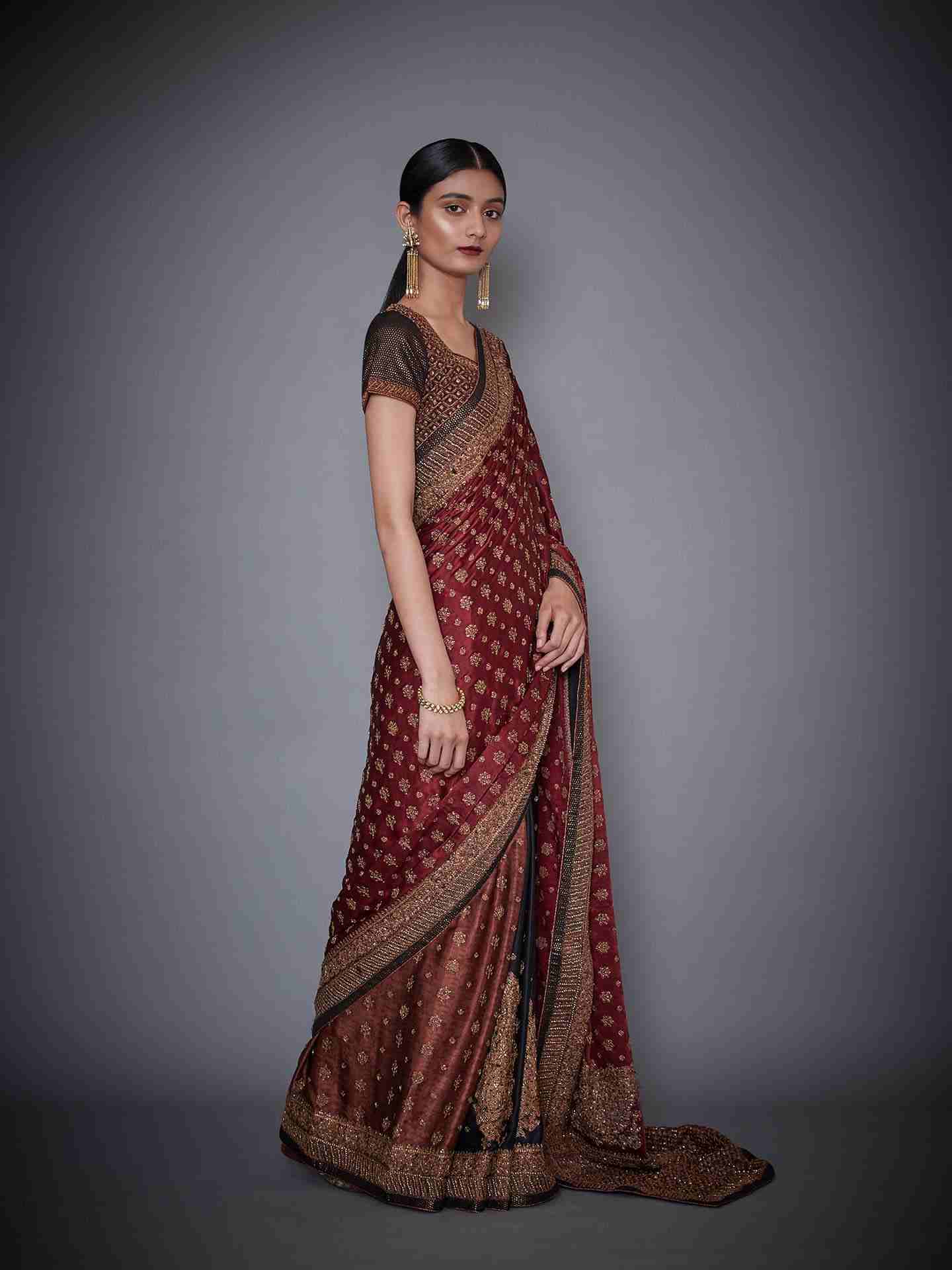 Burg & Black Parampara Saree With Stitched Blouse