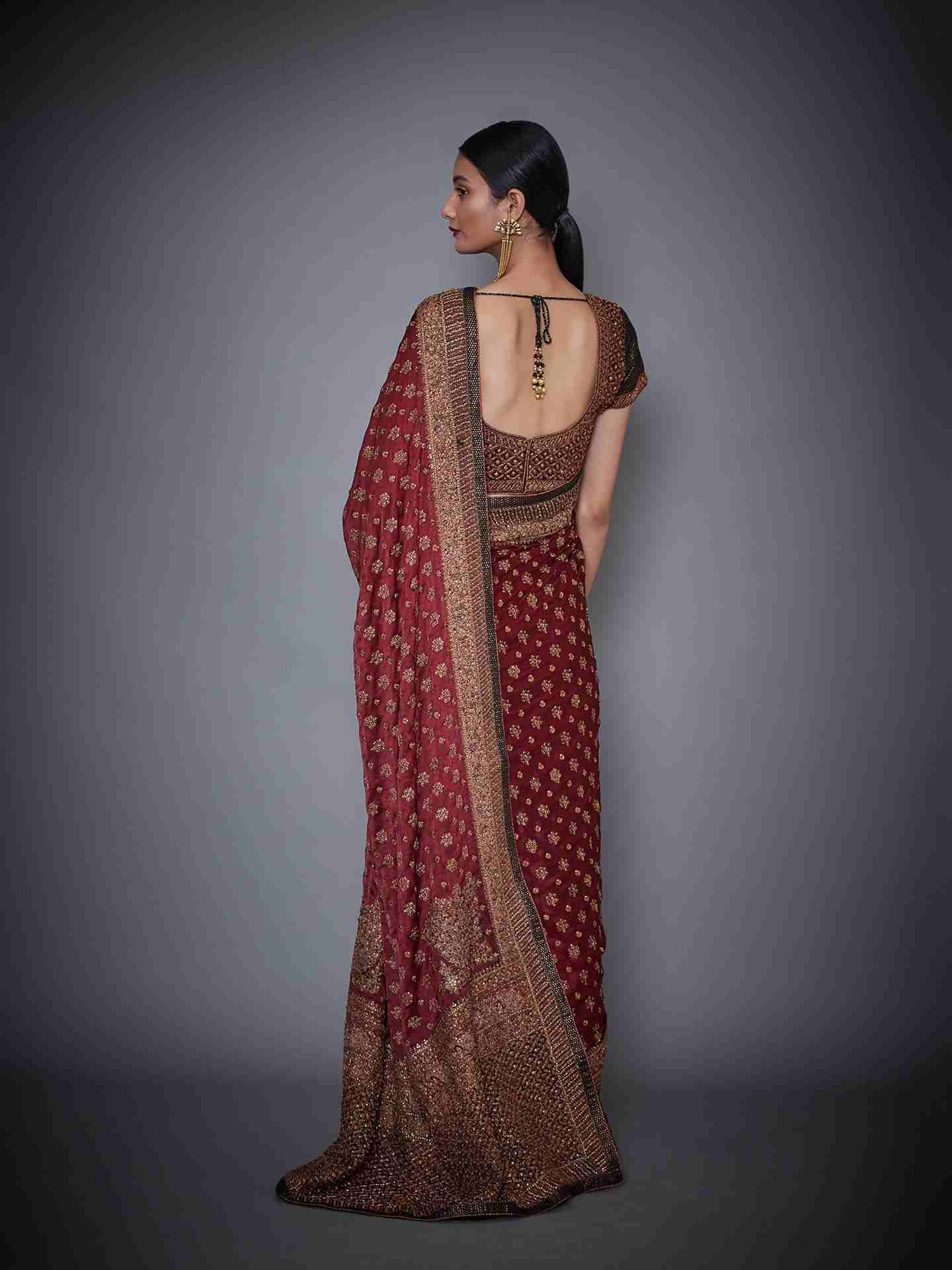 Burg & Black Parampara Saree With Stitched Blouse