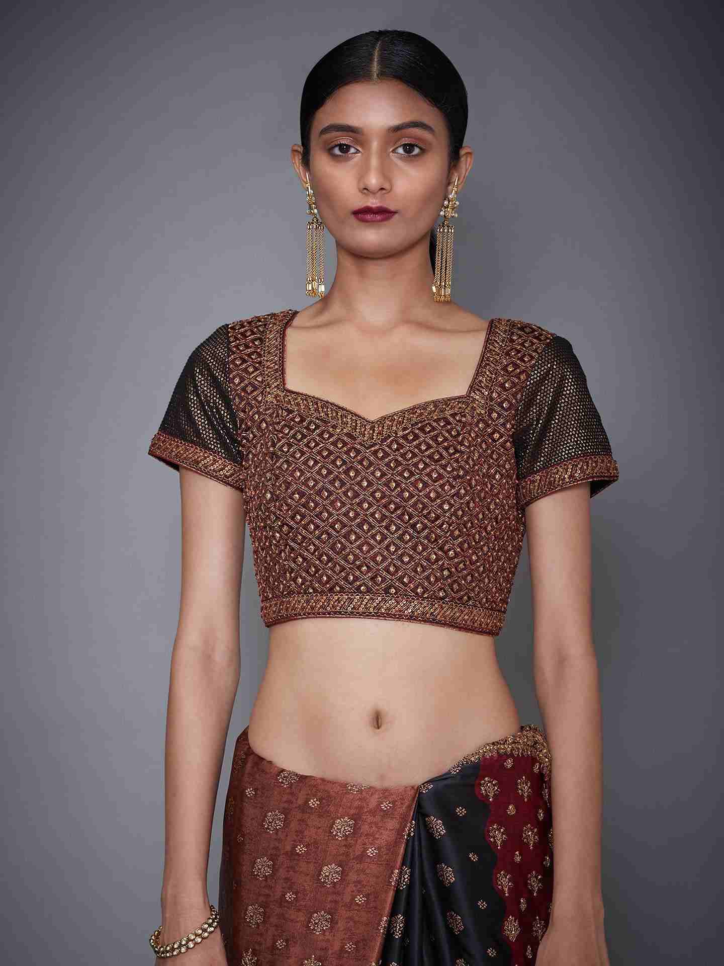 Burg & Black Parampara Saree With Stitched Blouse