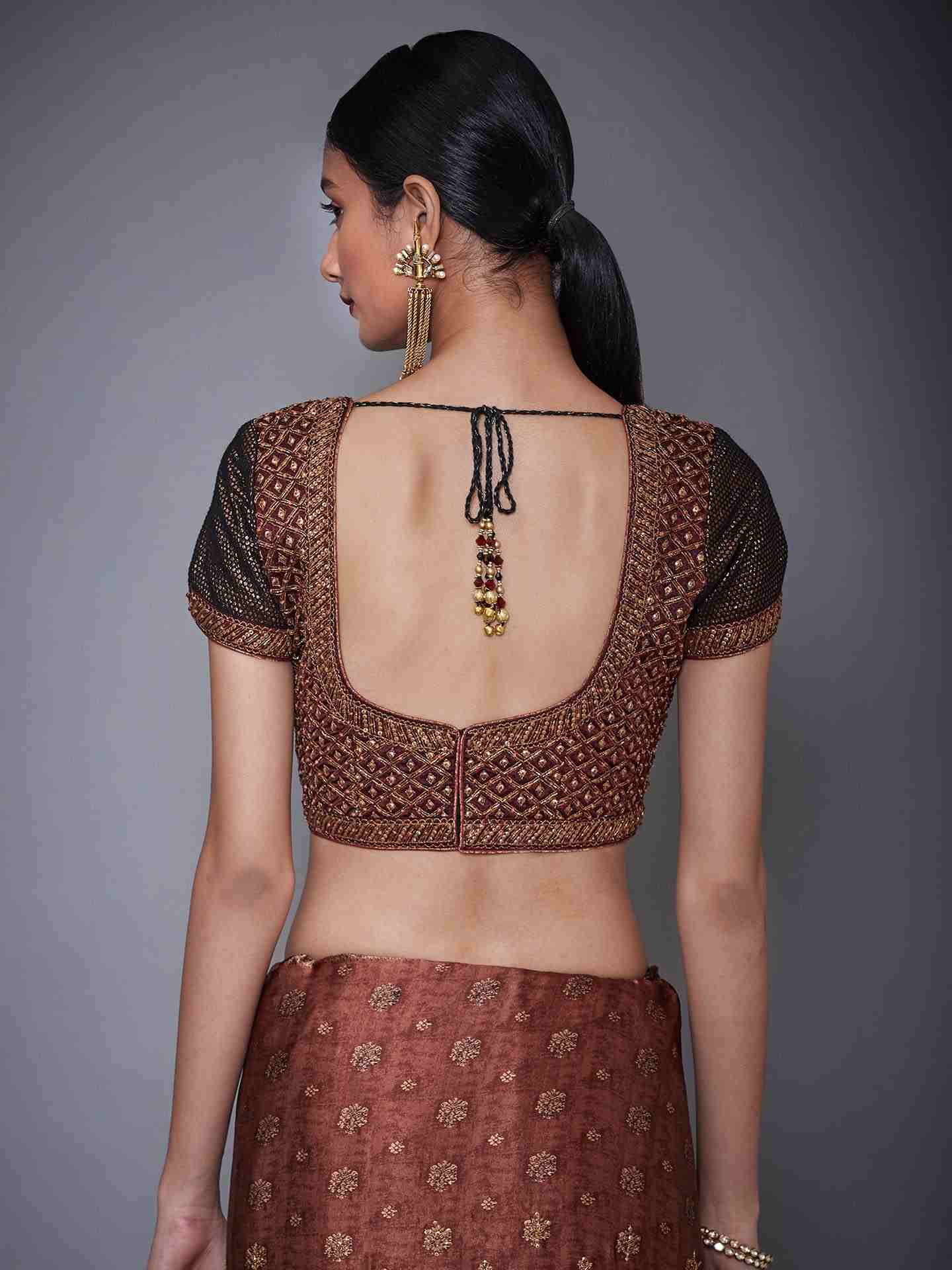 Burg & Black Parampara Saree With Stitched Blouse