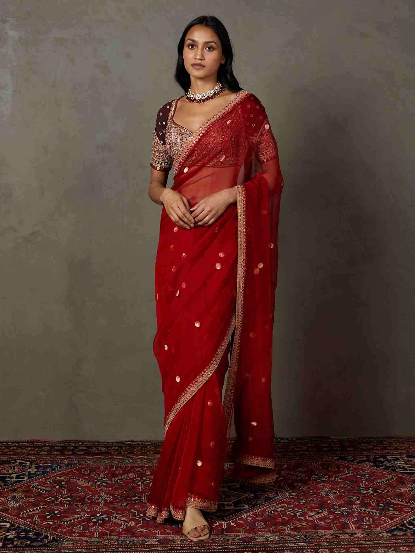 Red & Burgundy Salya Saree With Stitched Blouse