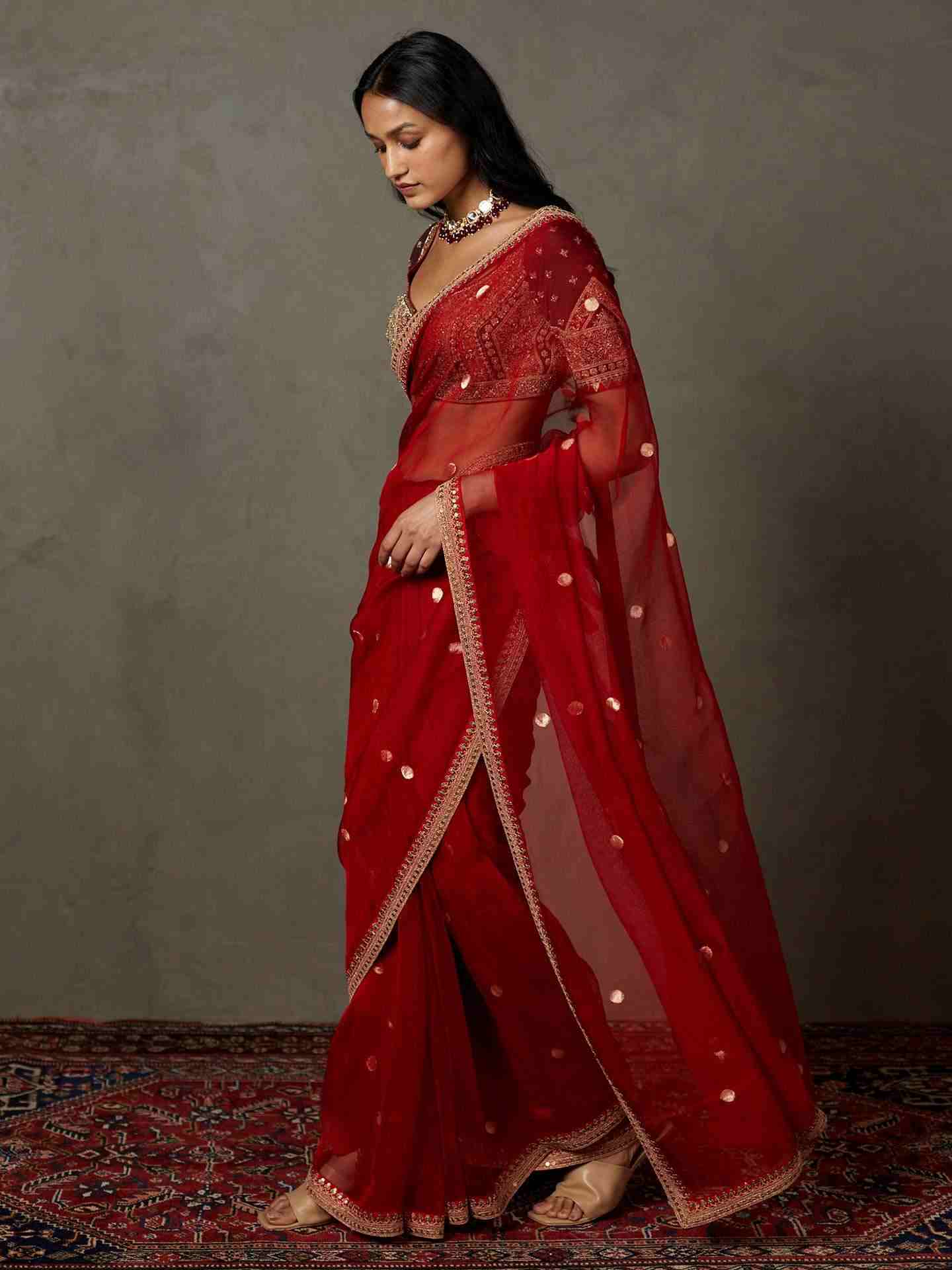 Red & Burgundy Salya Saree With Stitched Blouse