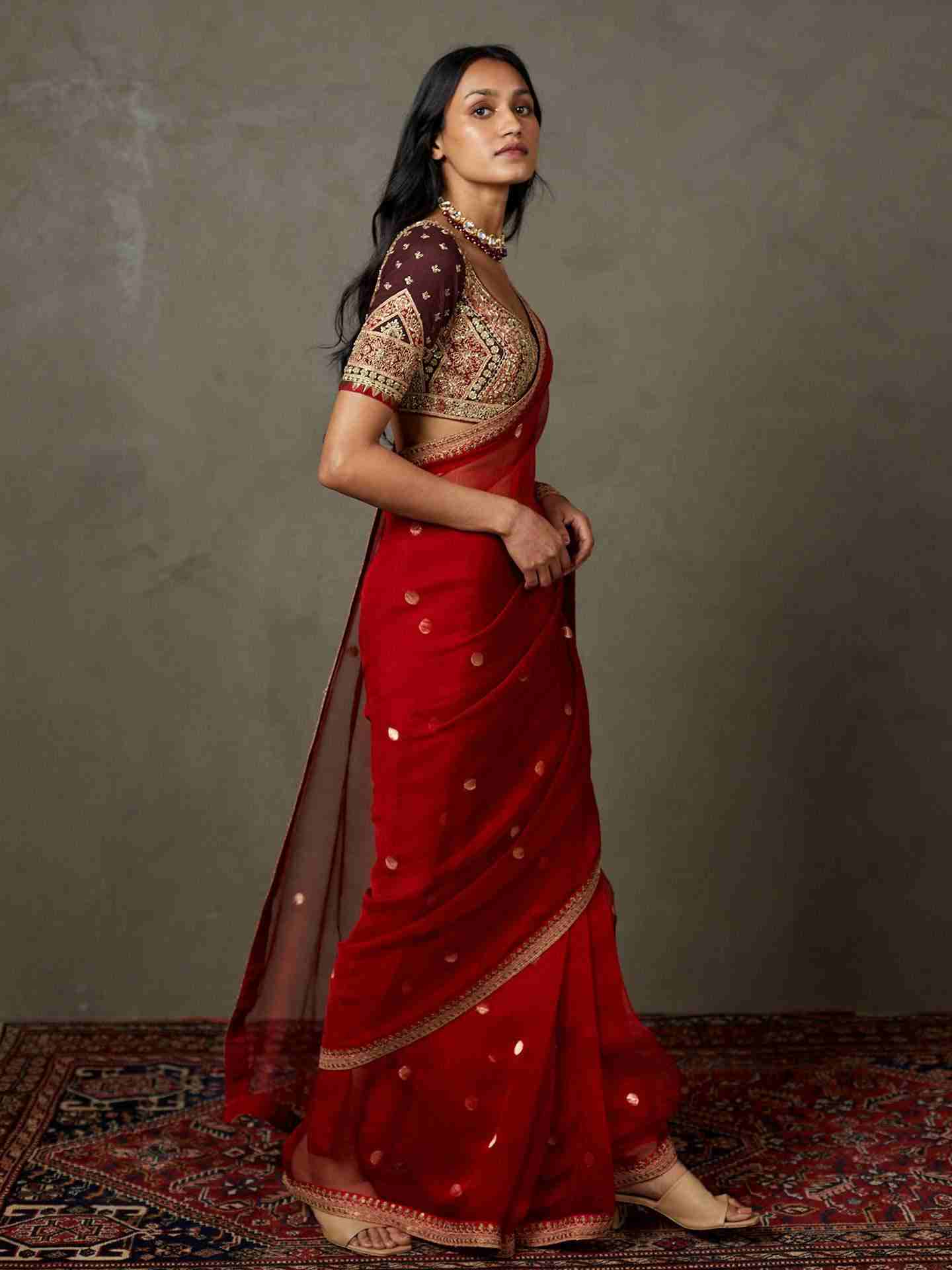 Red & Burgundy Salya Saree With Stitched Blouse