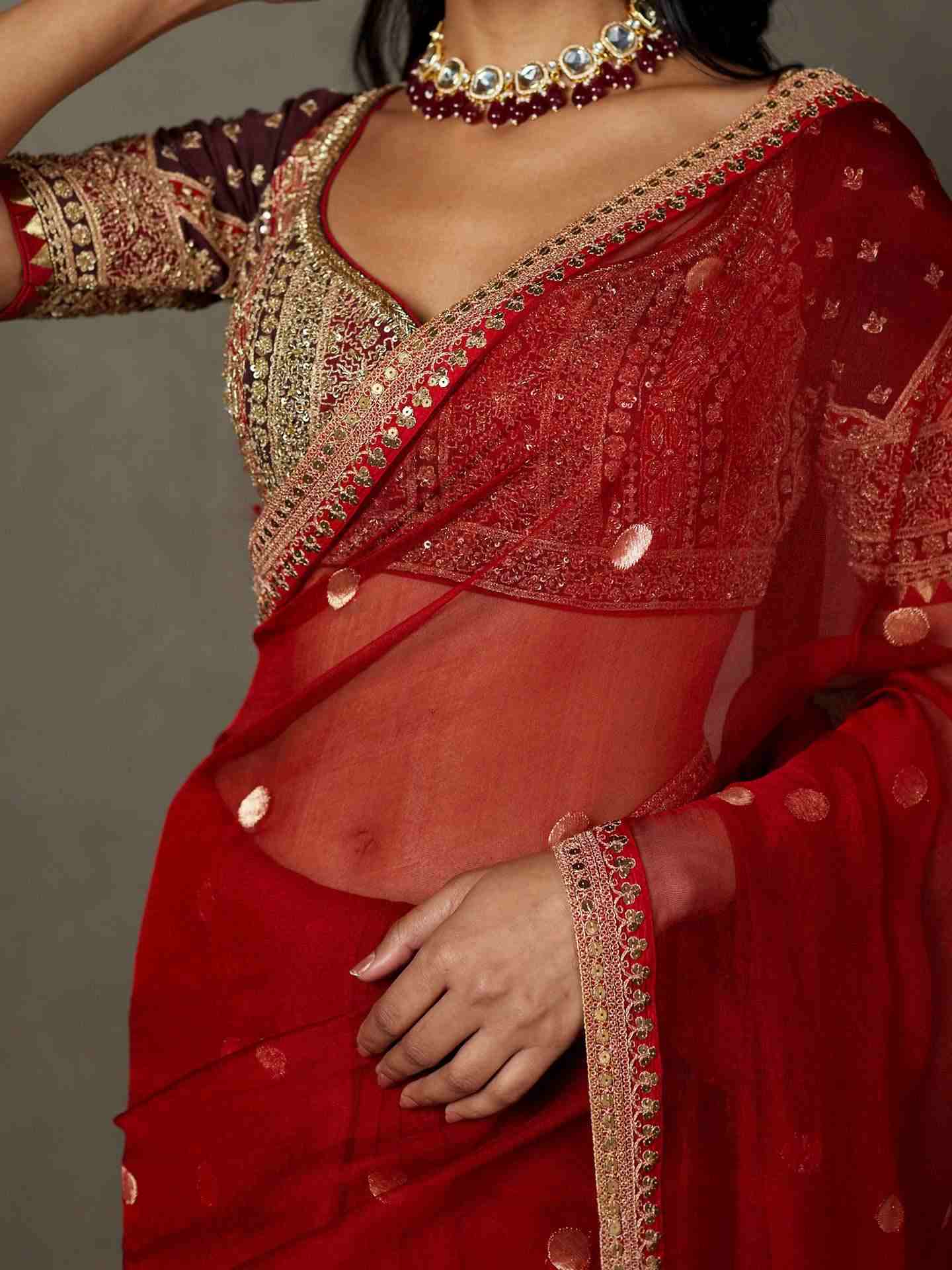Red & Burgundy Salya Saree With Stitched Blouse