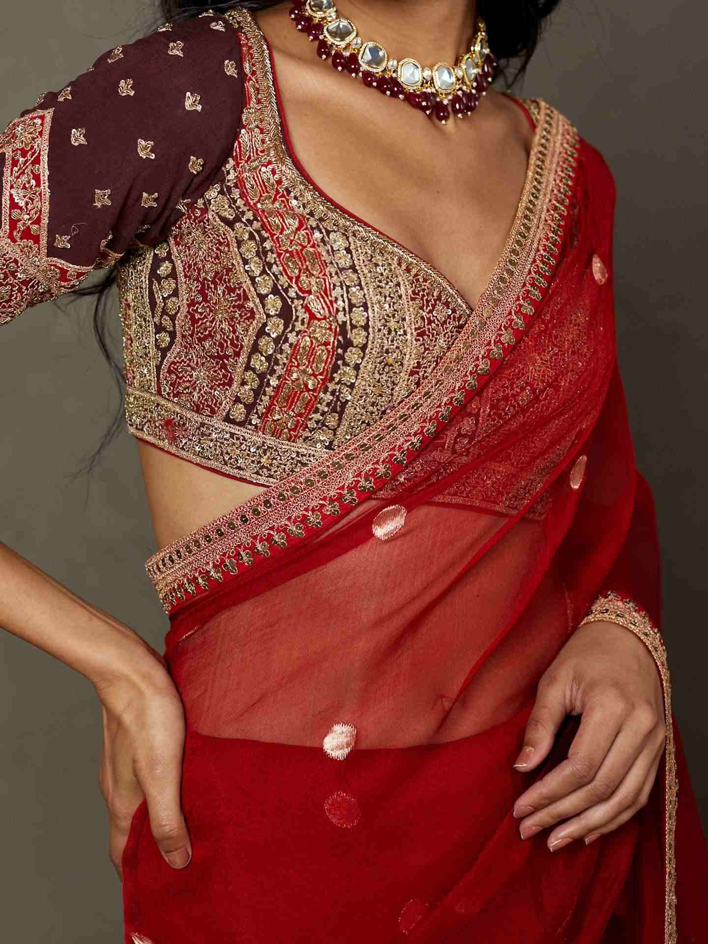 Red & Burgundy Salya Saree With Stitched Blouse
