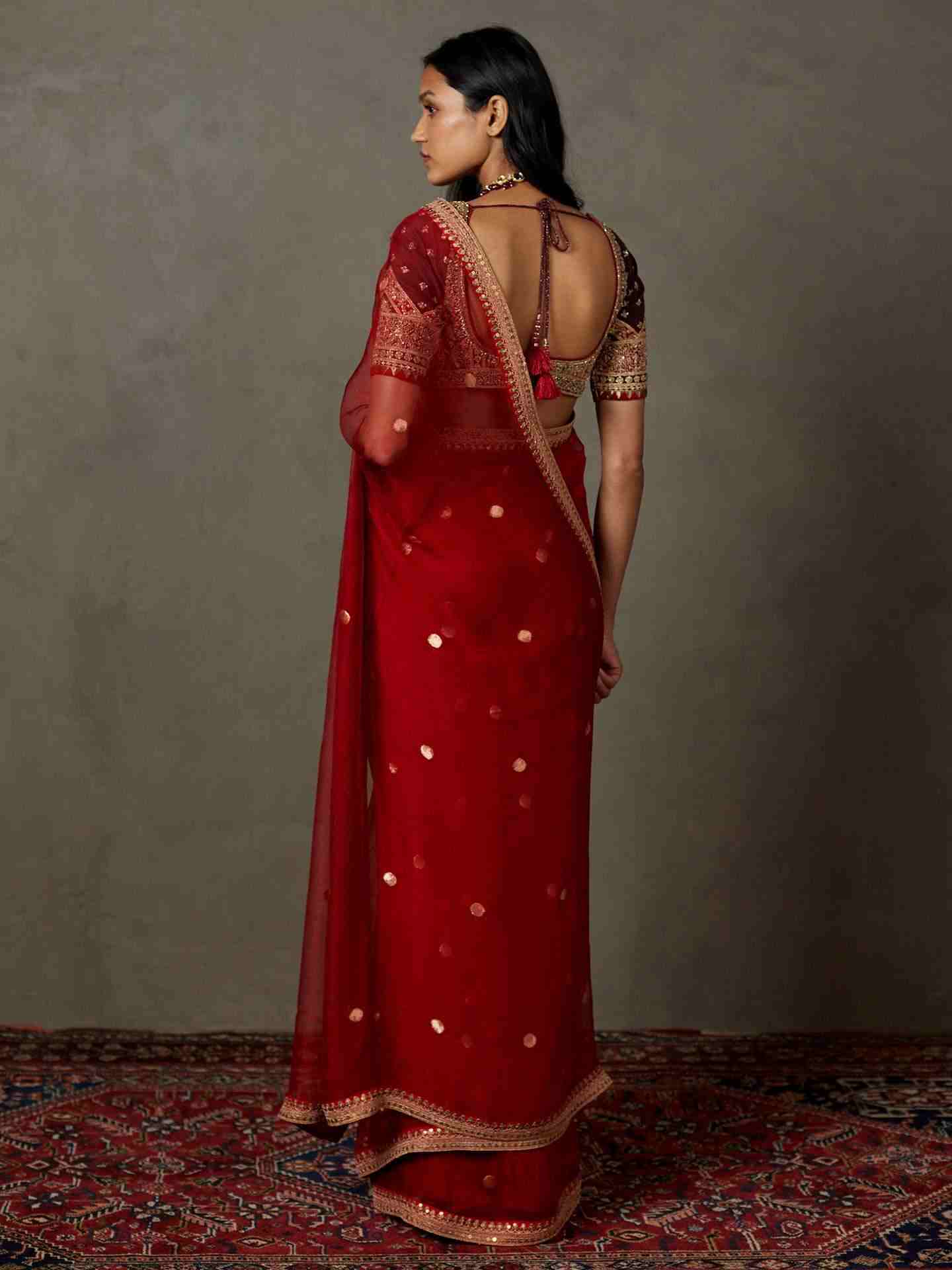 Red & Burgundy Salya Saree With Stitched Blouse
