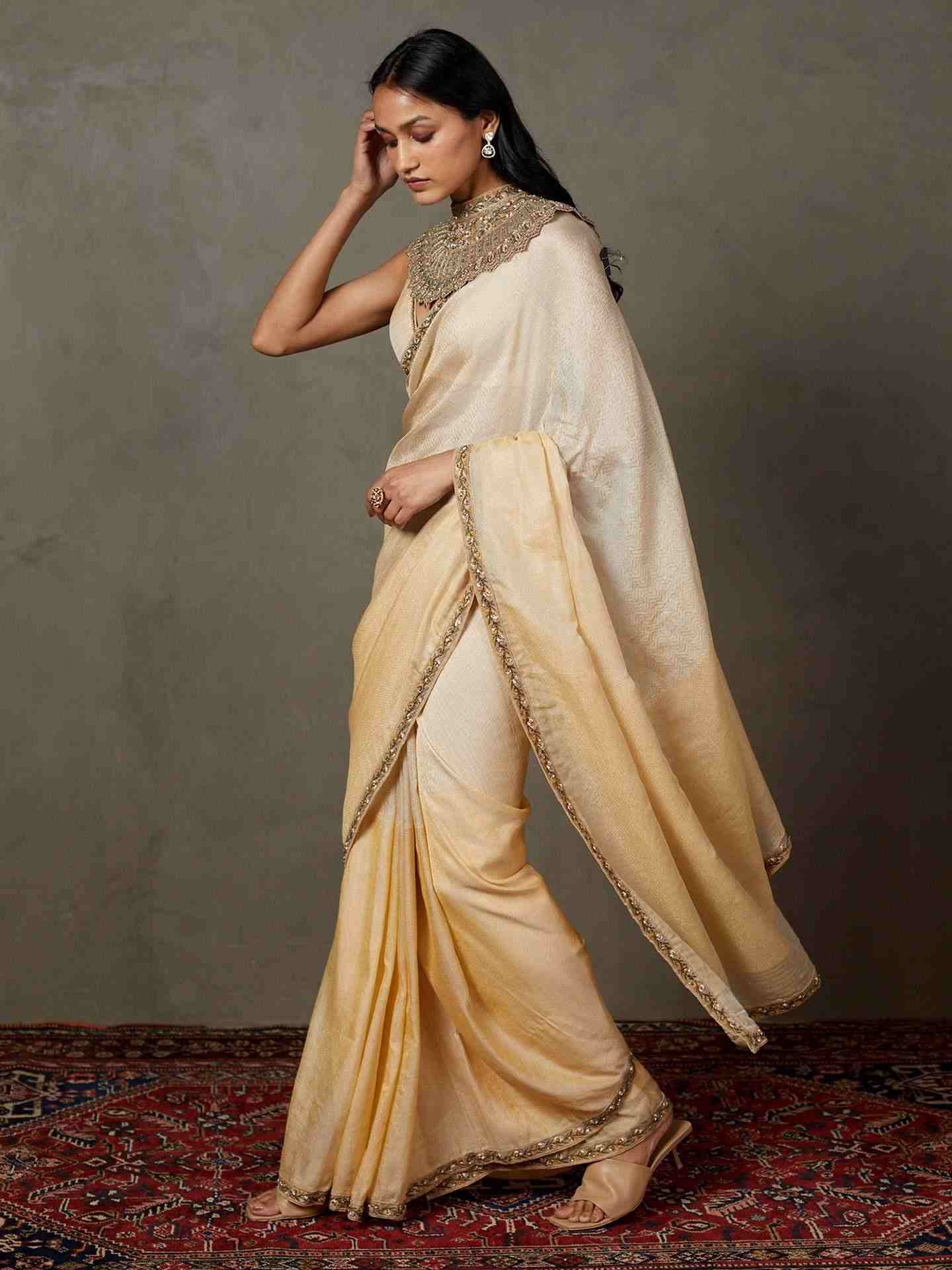 Off White Deepali Saree With Stitched Blouse