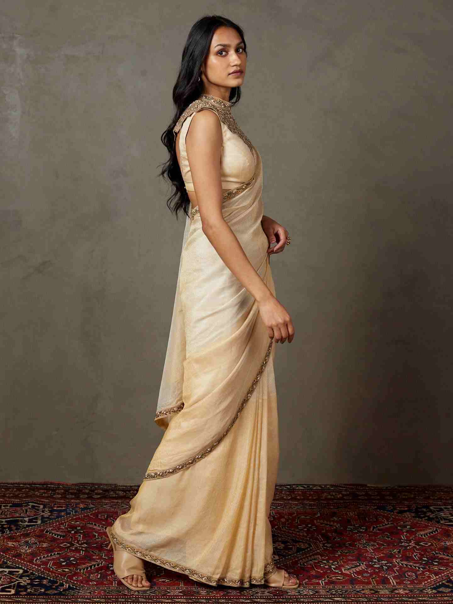 Off White Deepali Saree With Stitched Blouse