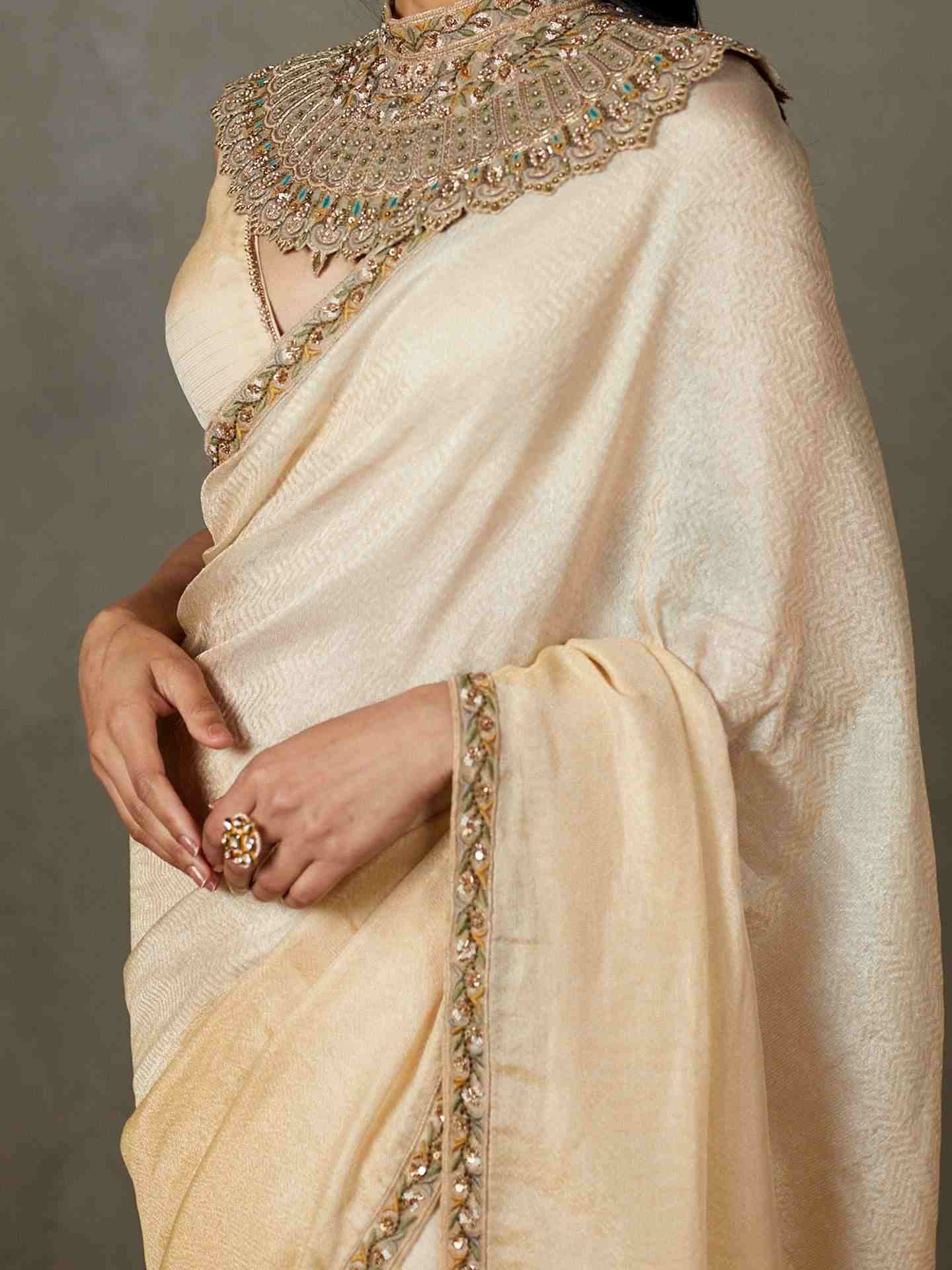 Off White Deepali Saree With Stitched Blouse