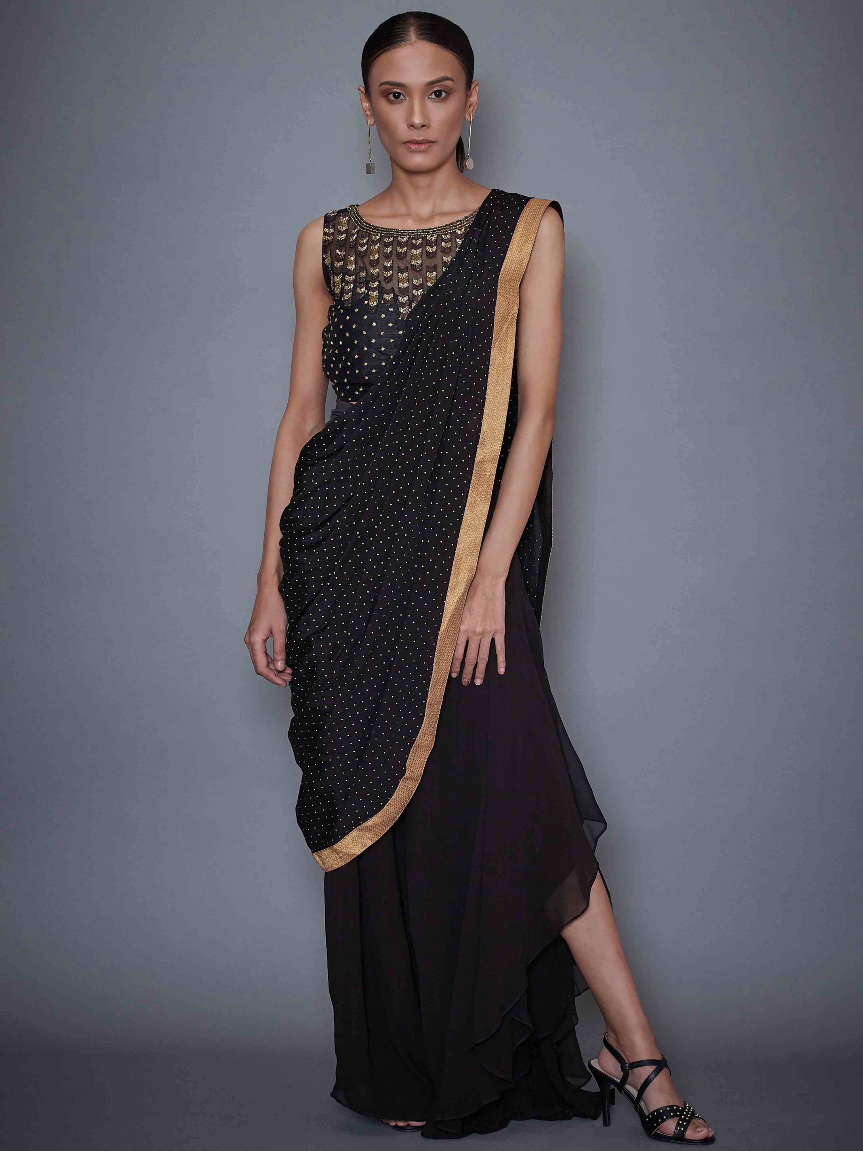 Black Twilight Embroidered Pre-Draped Saree With Stitched Blouse
