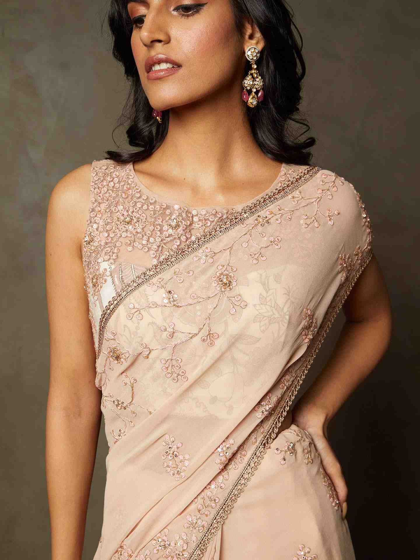 Pink Nadira Saree With Stitched Blouse