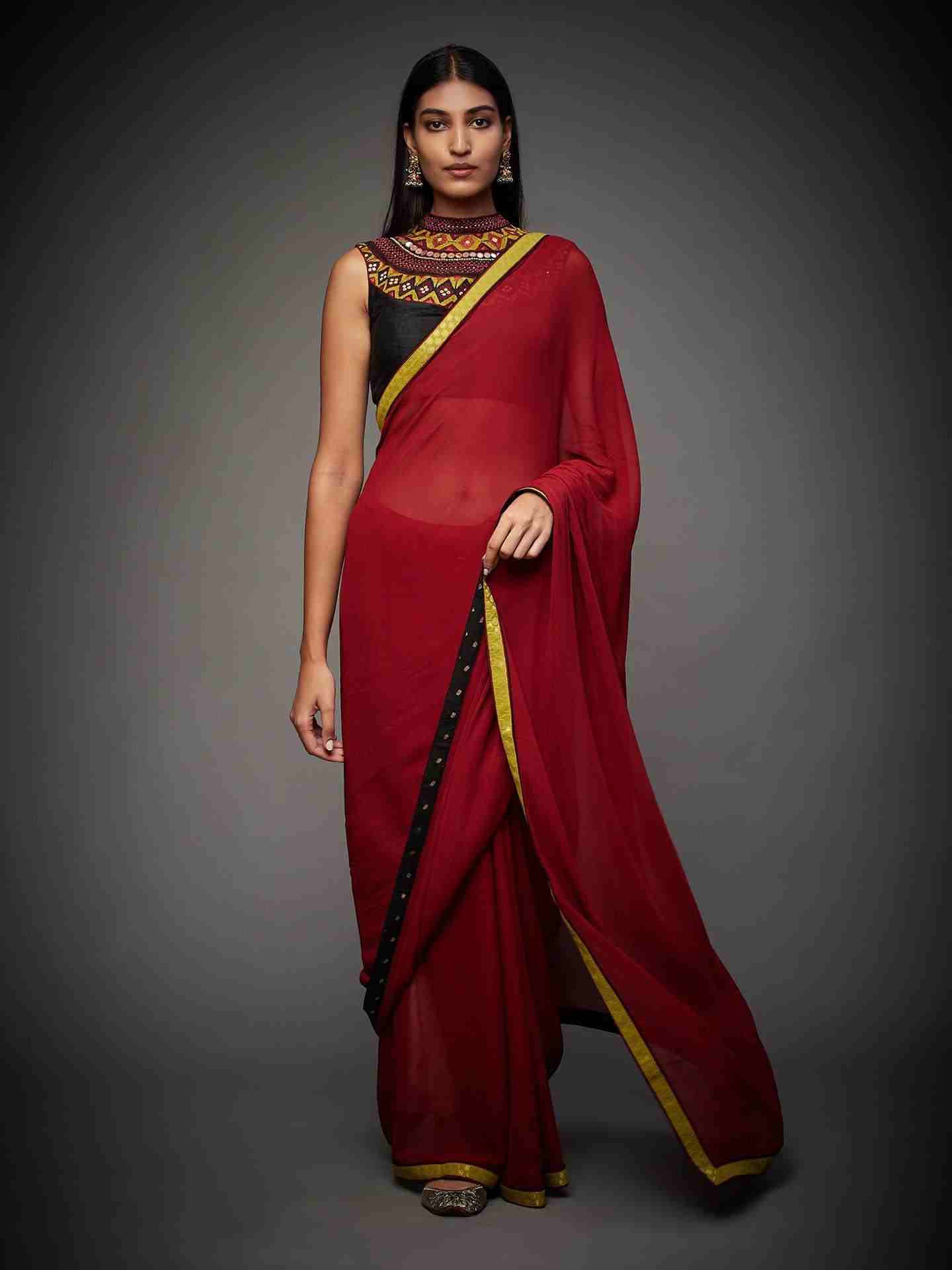 Burg & Black Boho Saree With Stitched Blouse
