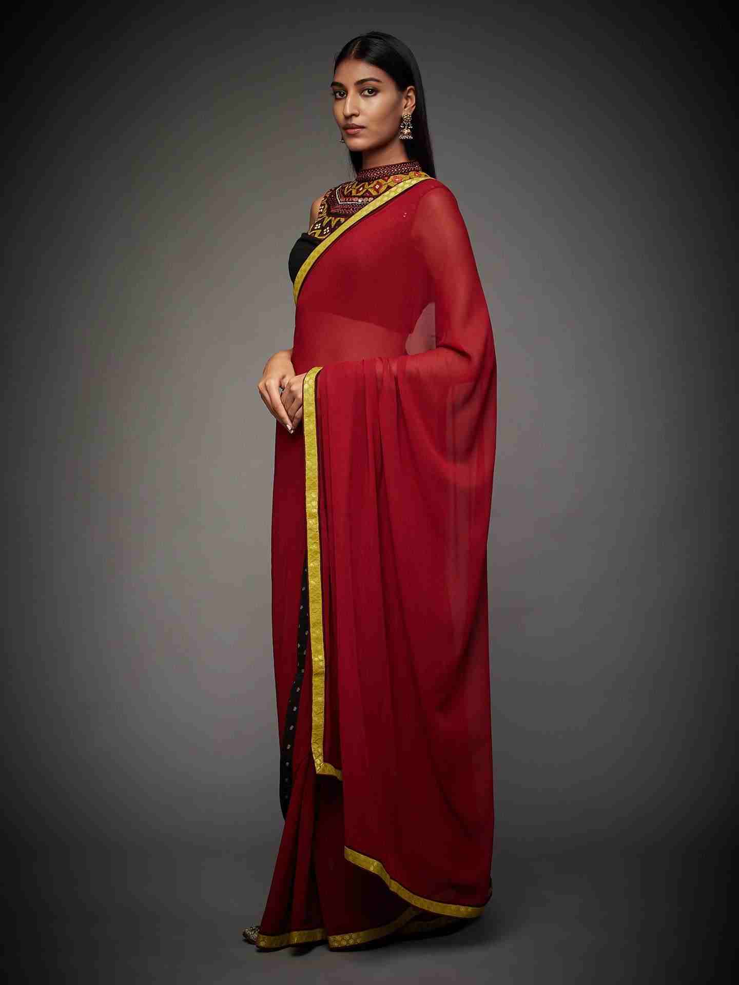 Burg & Black Boho Saree With Stitched Blouse