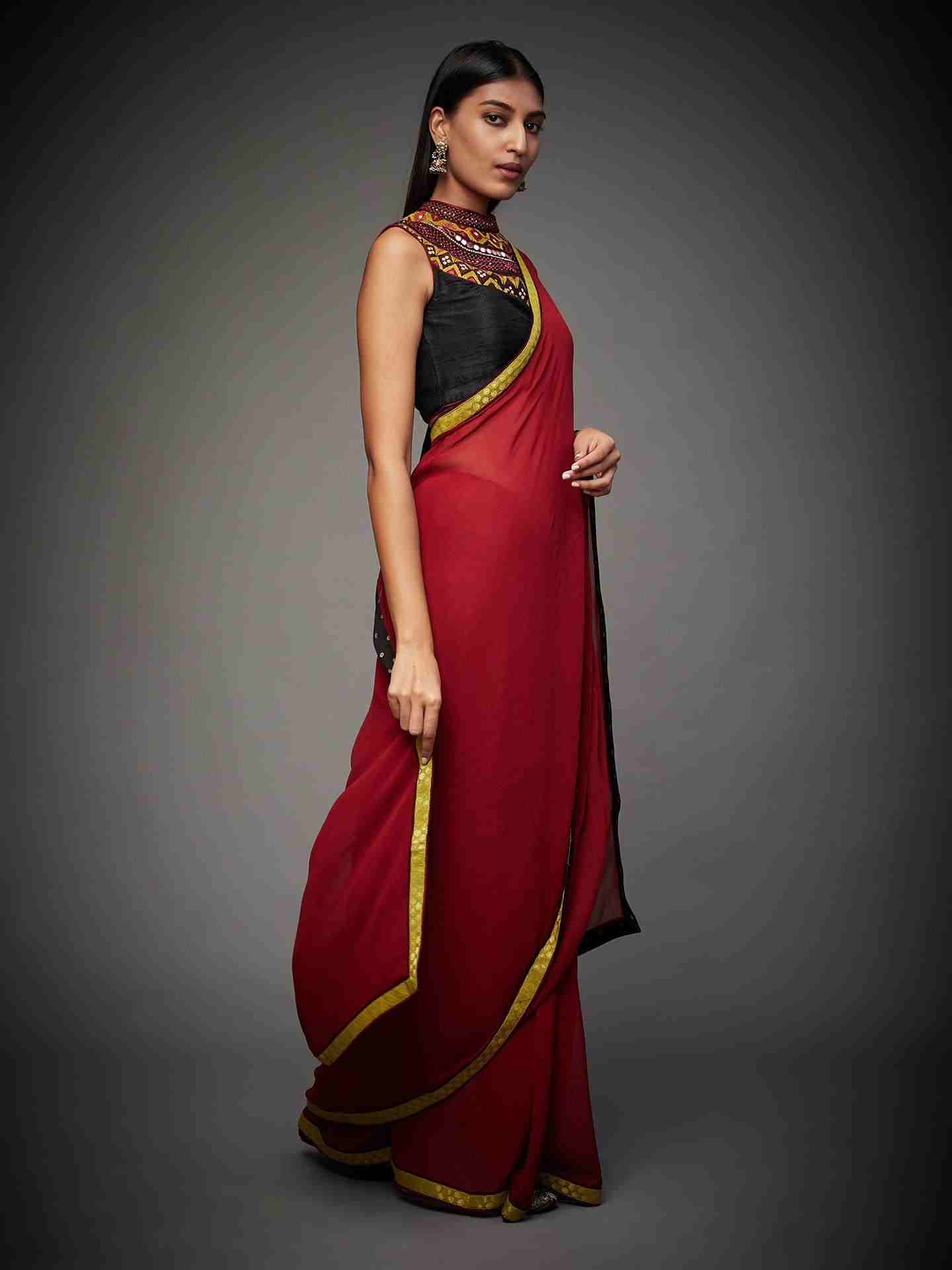 Burg & Black Boho Saree With Stitched Blouse