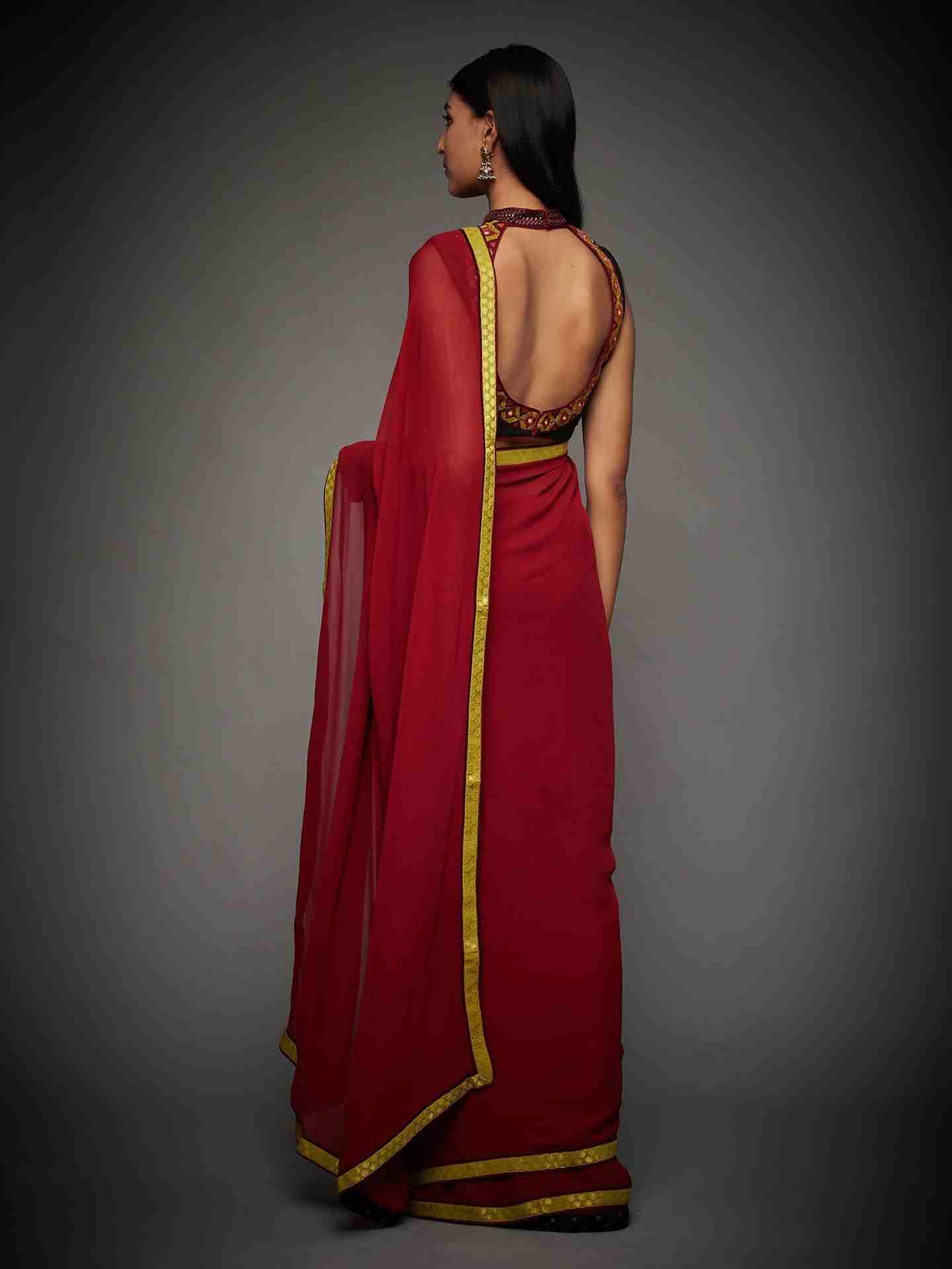 Burg & Black Boho Saree With Stitched Blouse