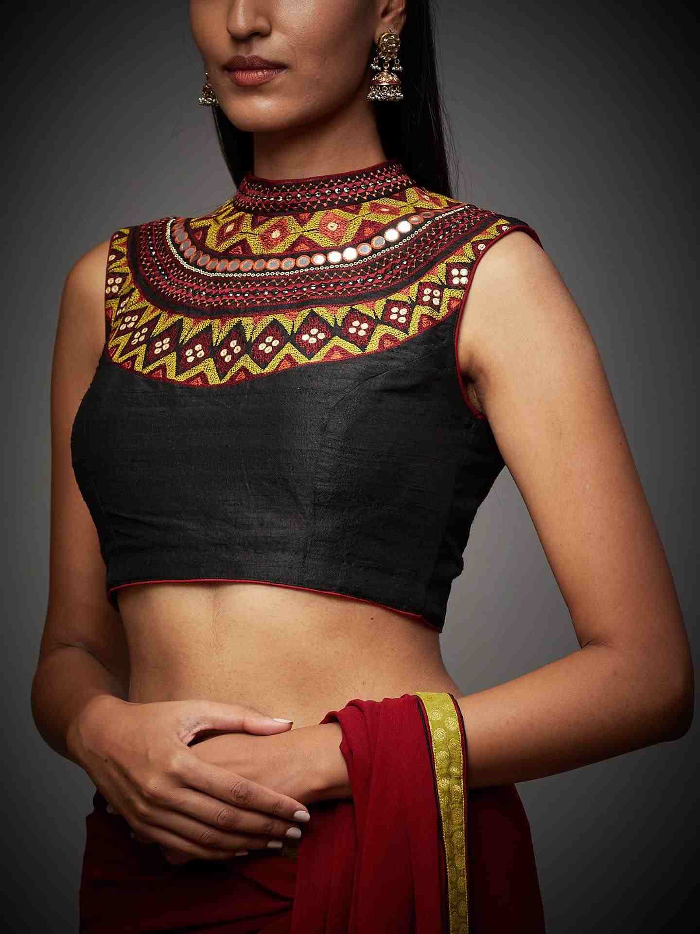 Burg & Black Boho Saree With Stitched Blouse