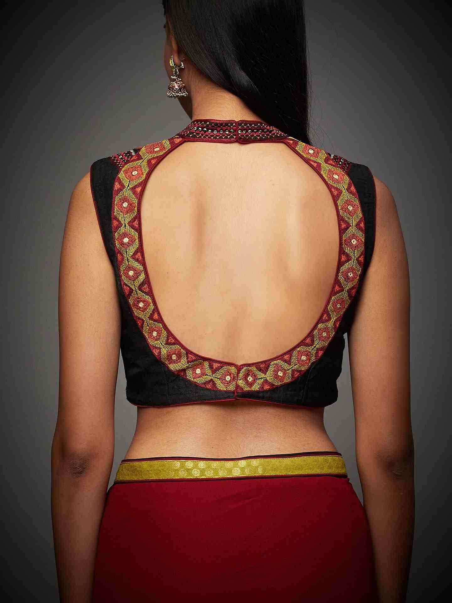Burg & Black Boho Saree With Stitched Blouse