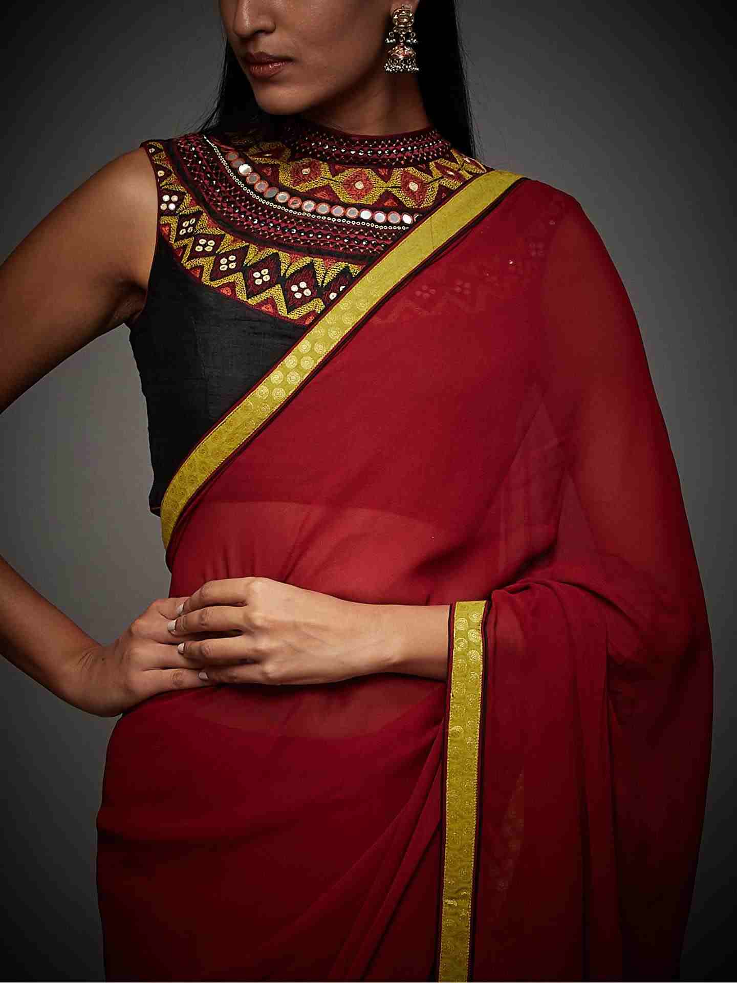 Burg & Black Boho Saree With Stitched Blouse