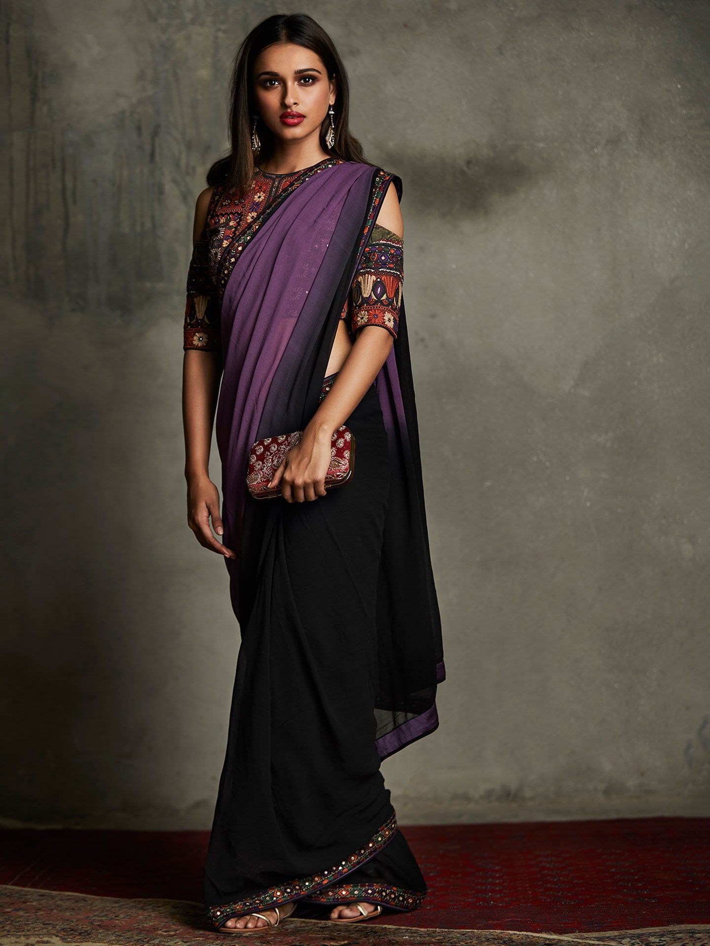 Black & Purple Folk Embroidered Saree With Stitched Blouse