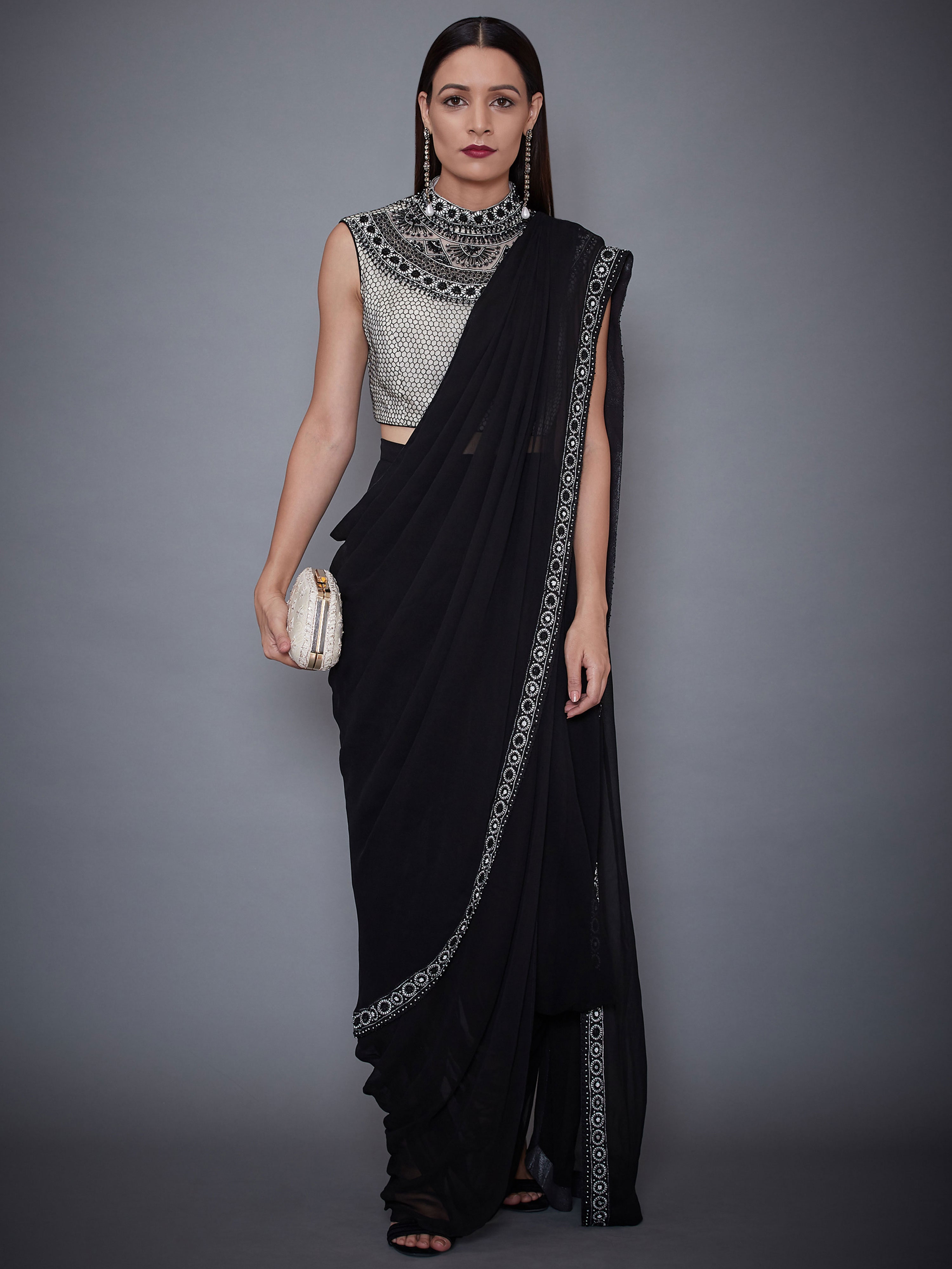 Black & White Tantra Embroidered Draped Saree With Stitched Blouse