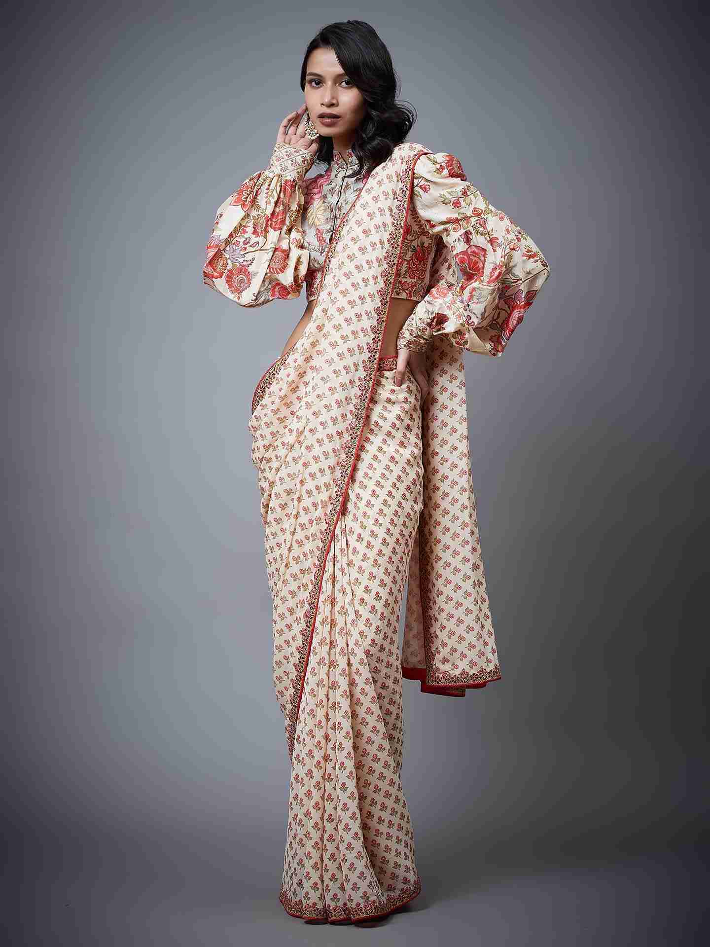 Cream & Multi Navina Saree With Stitched Blouse