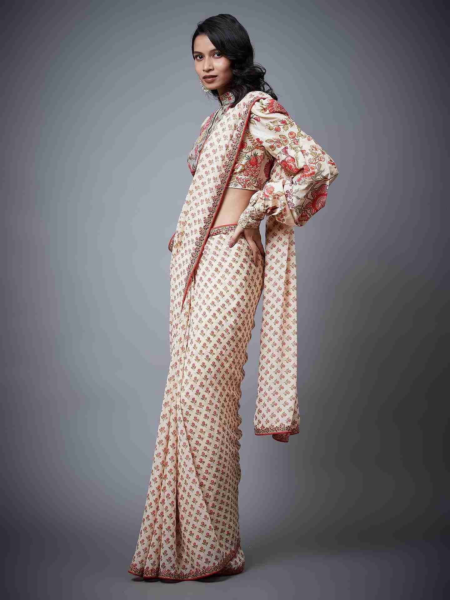 Cream & Multi Navina Saree With Stitched Blouse